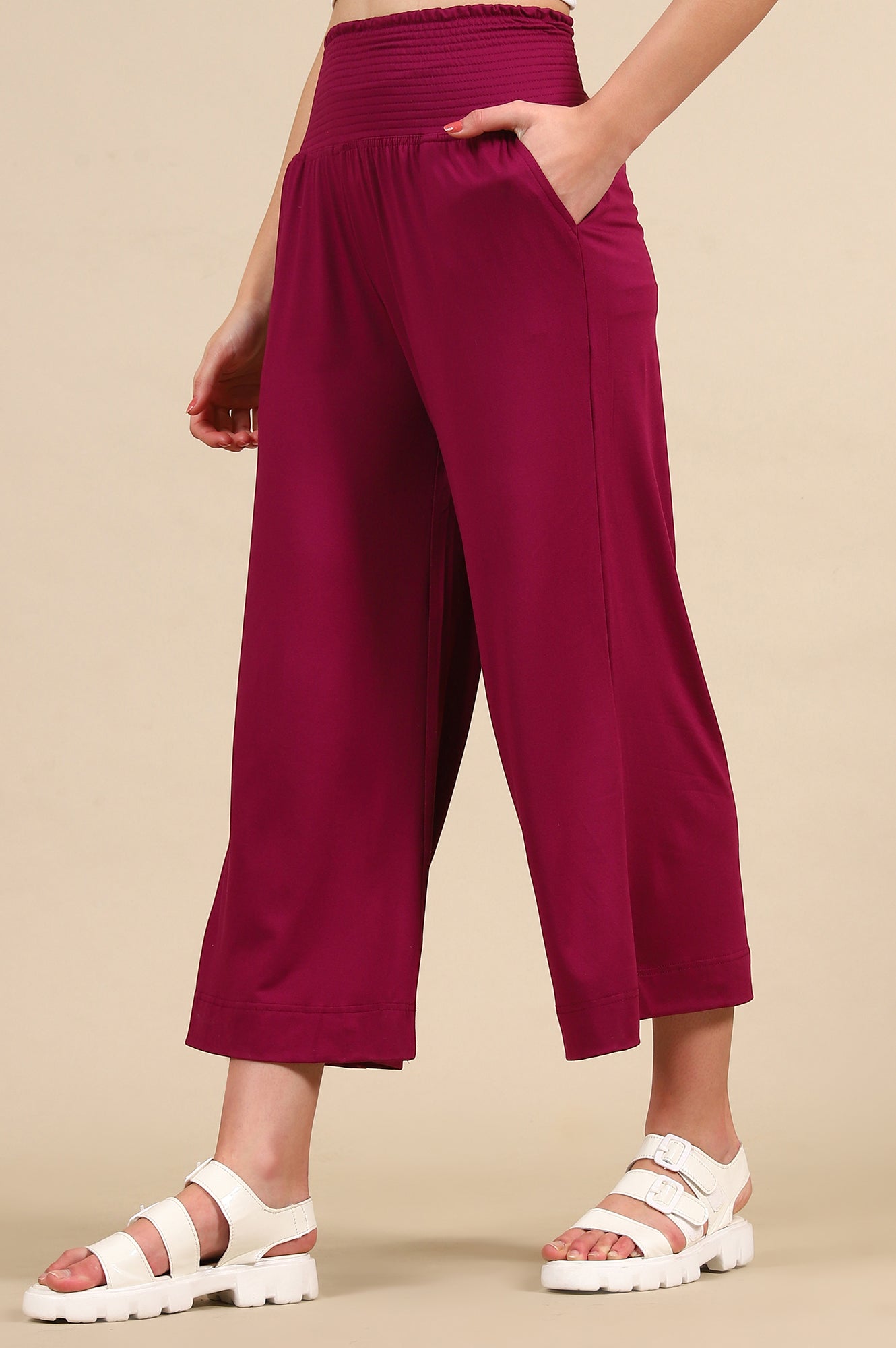 Purple Solid Flared Pants With Smoked Waist