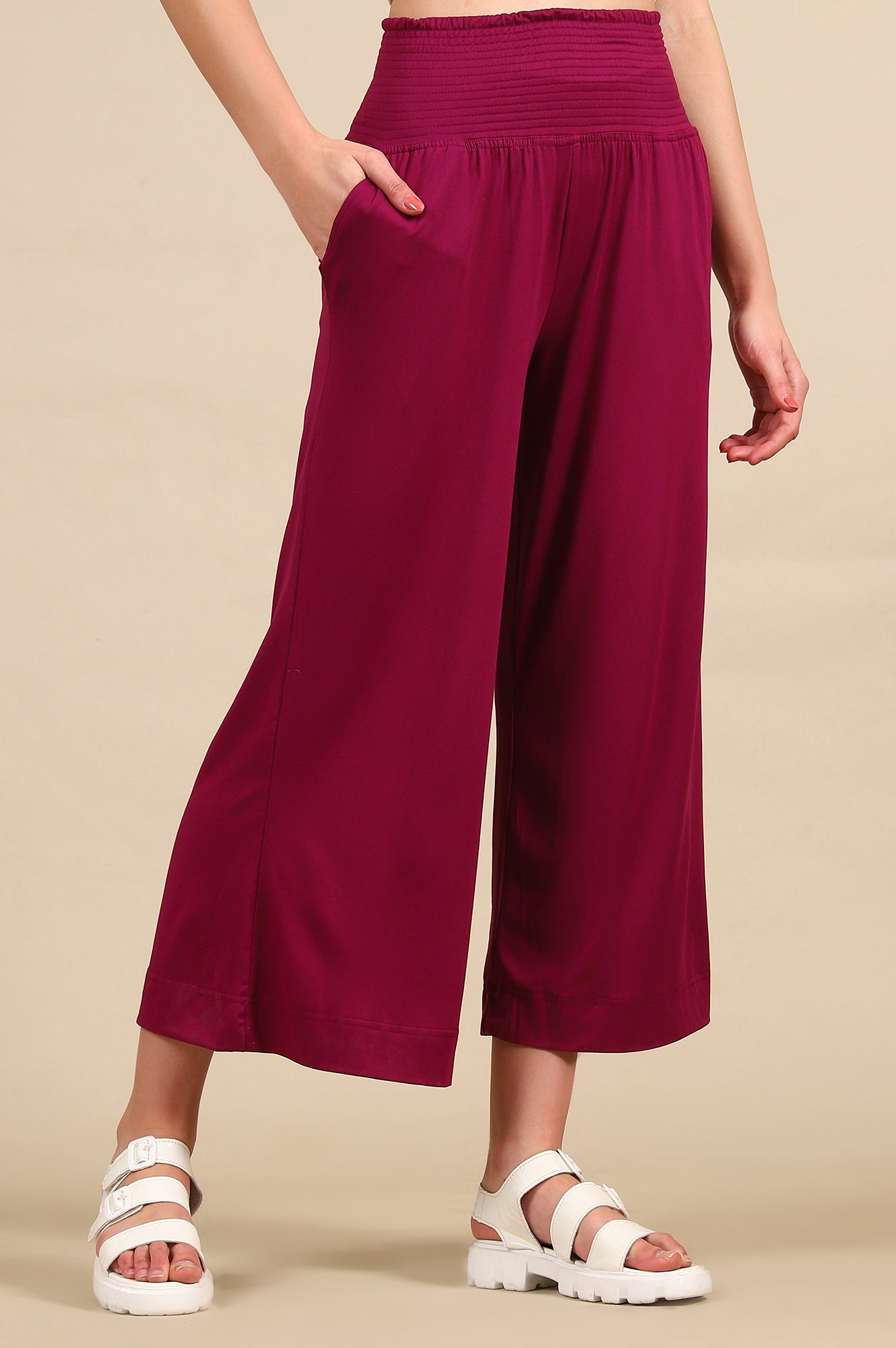 Purple Solid Flared Pants With Smoked Waist