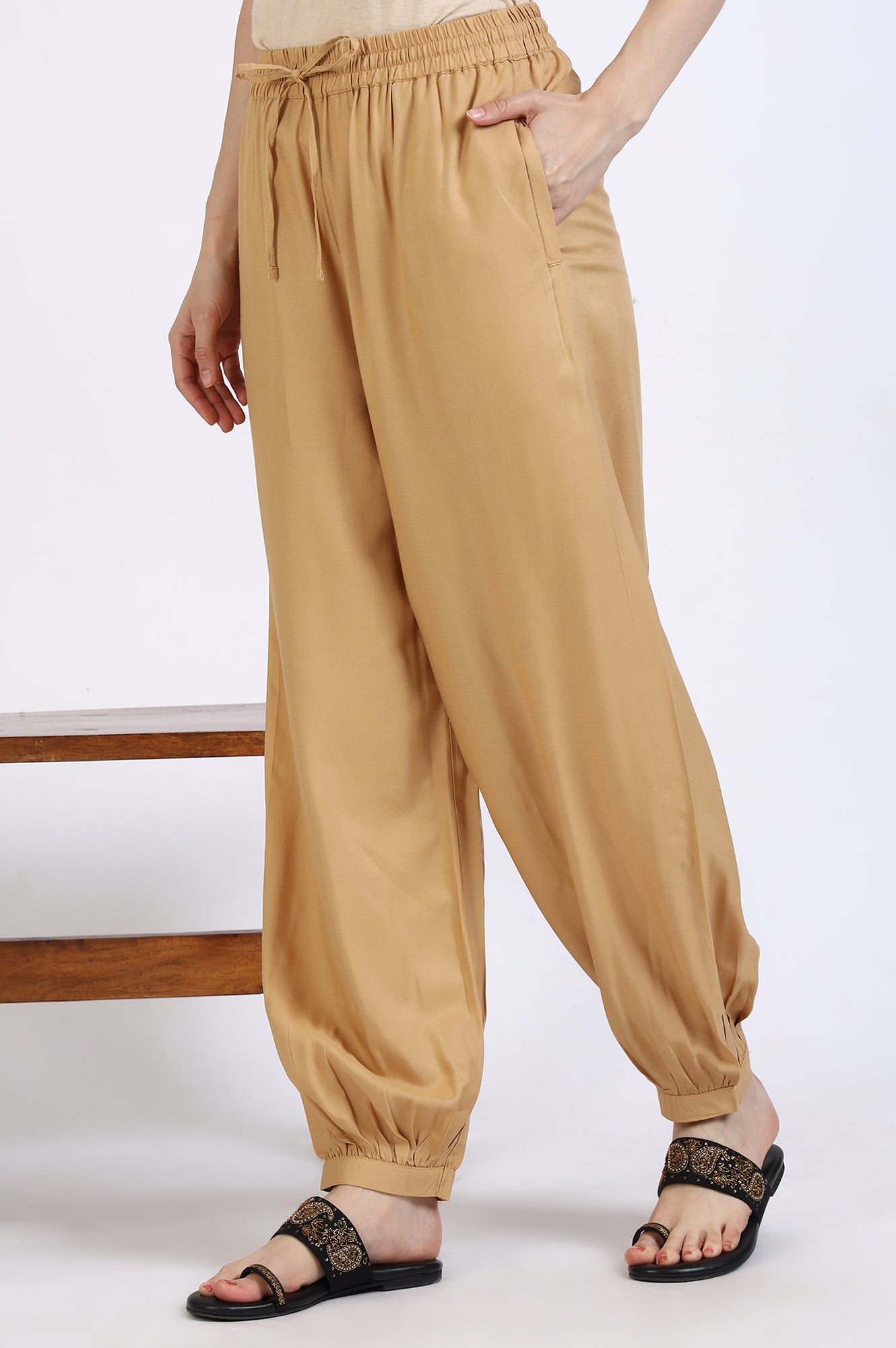 Gold Solid Gathered Harem Pants