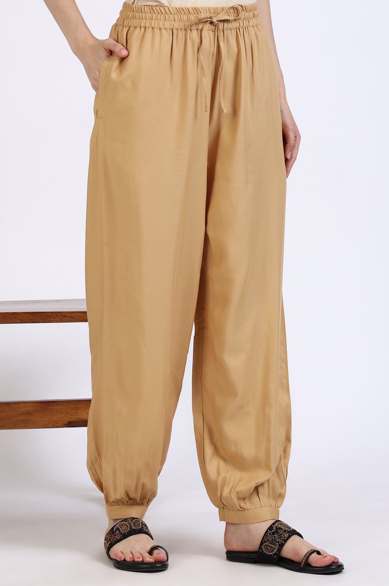 Gold Solid Gathered Harem Pants