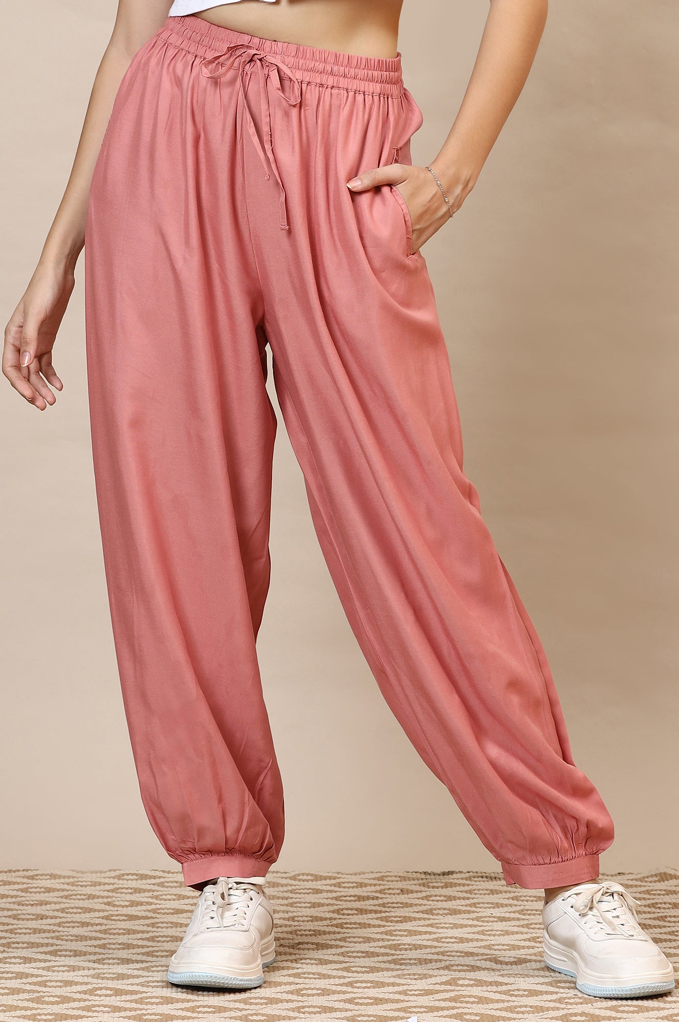 Pink Solid Loose Fit Rayon Dhoti Pants With Drawstring