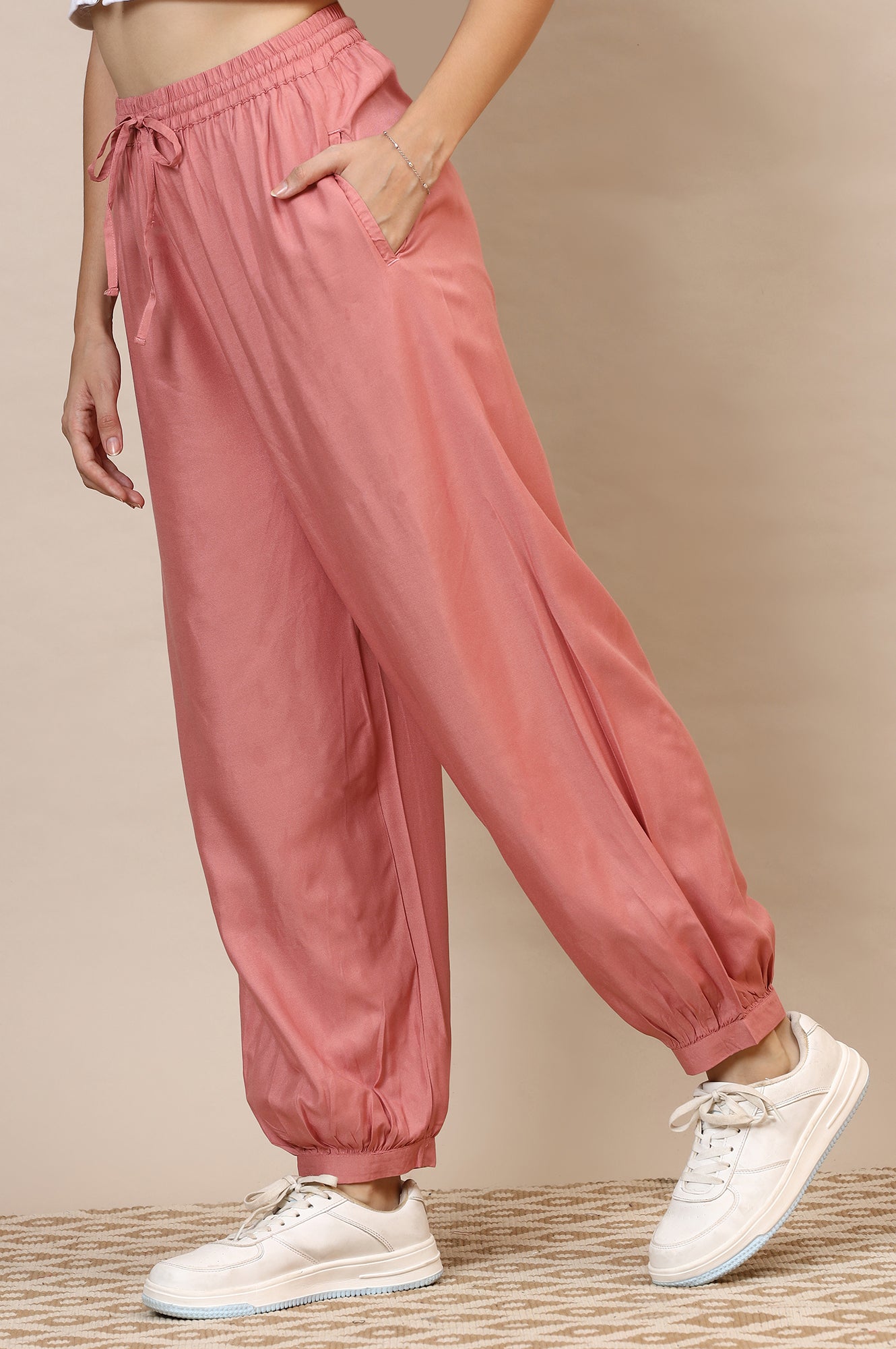 Pink Solid Loose Fit Rayon Dhoti Pants With Drawstring