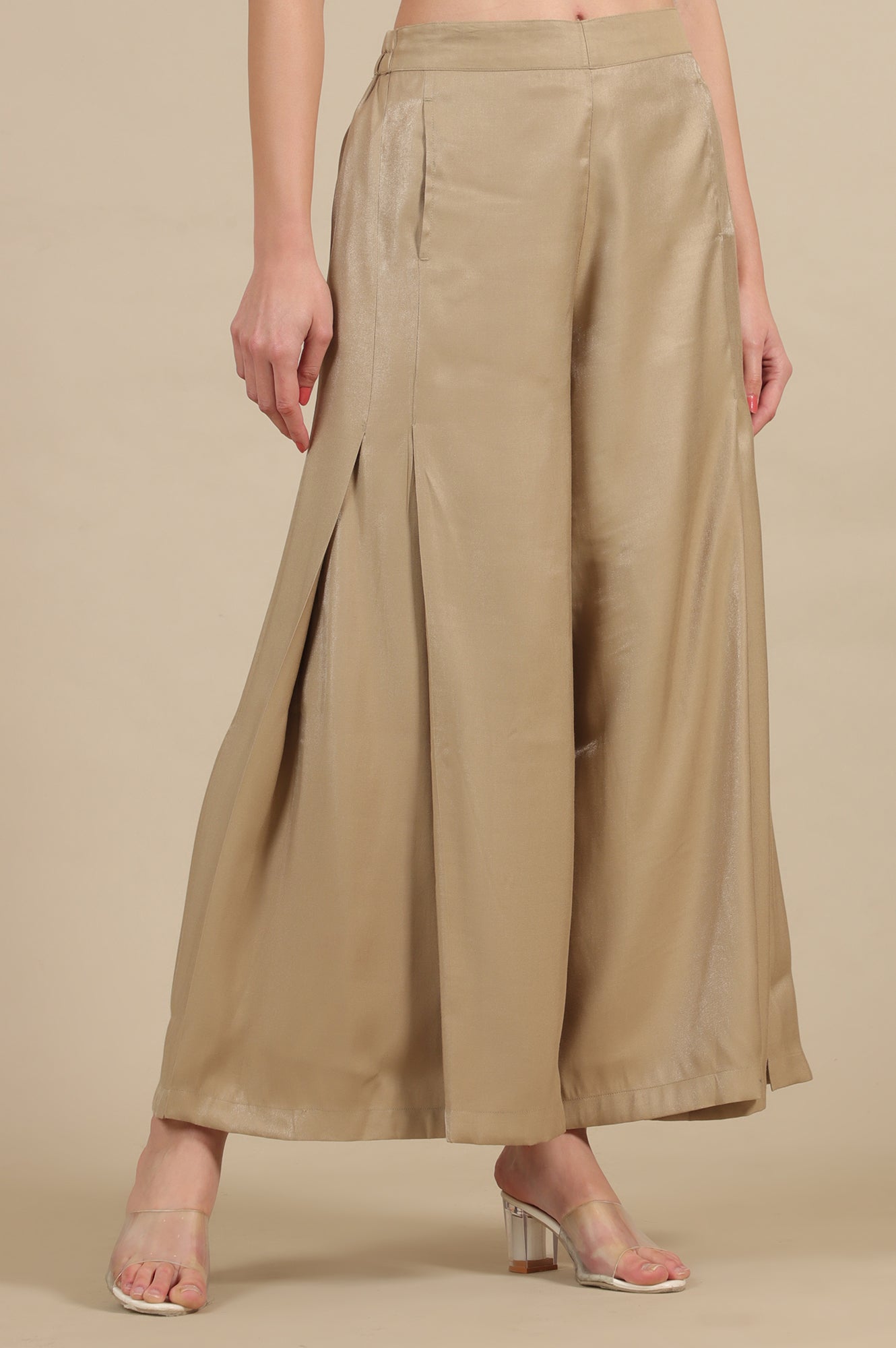 Gold Solid Flared Rayon Palazzo With Pleated Detail