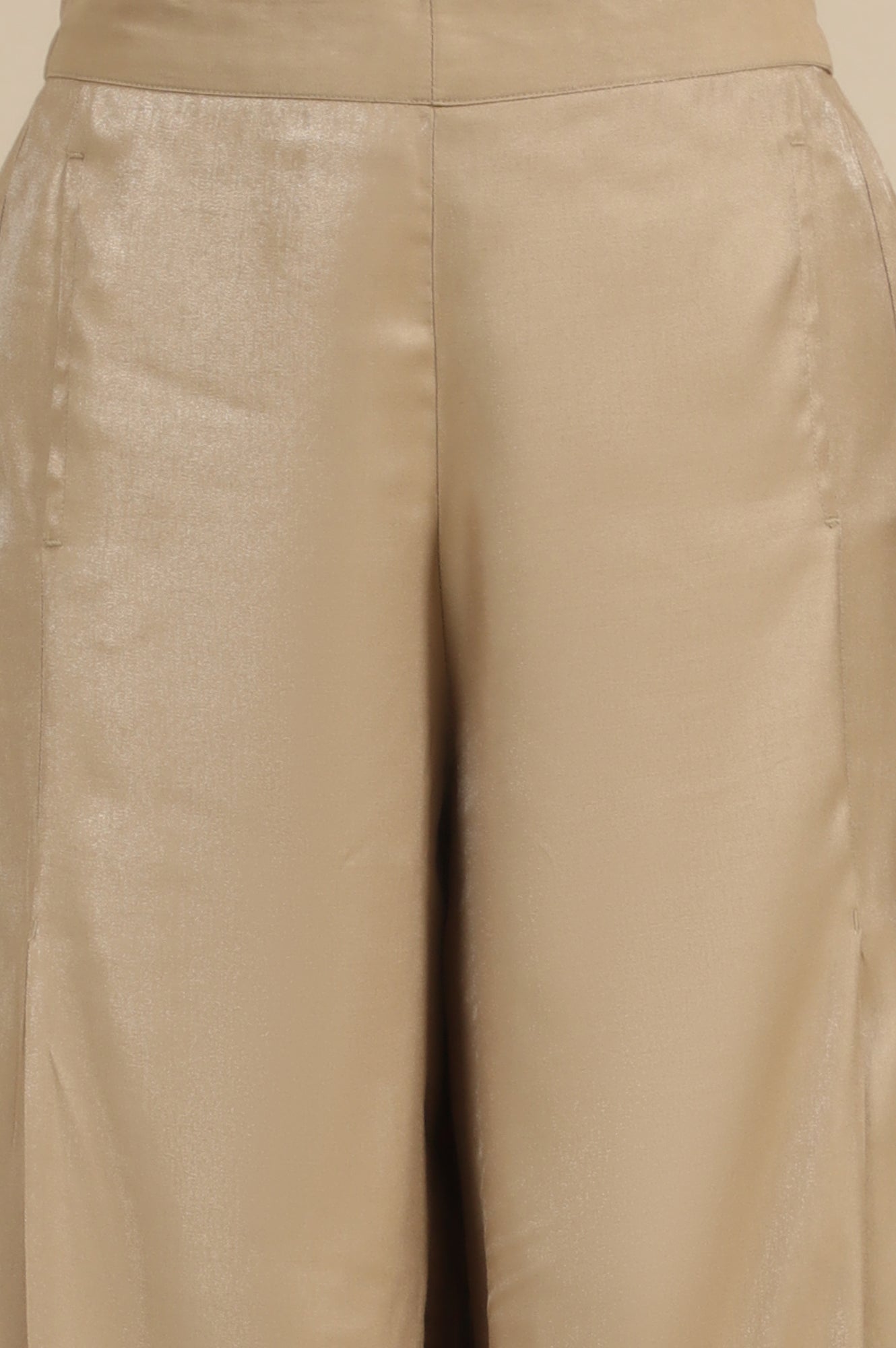 Gold Solid Flared Rayon Palazzo With Pleated Detail