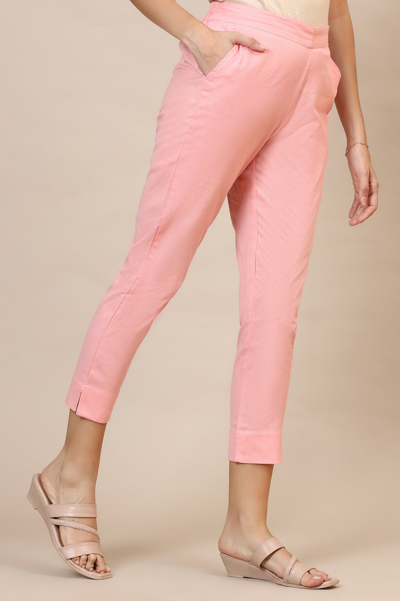 Pink Solid Slim Fit Cotton Trousers With Elasticated Waist