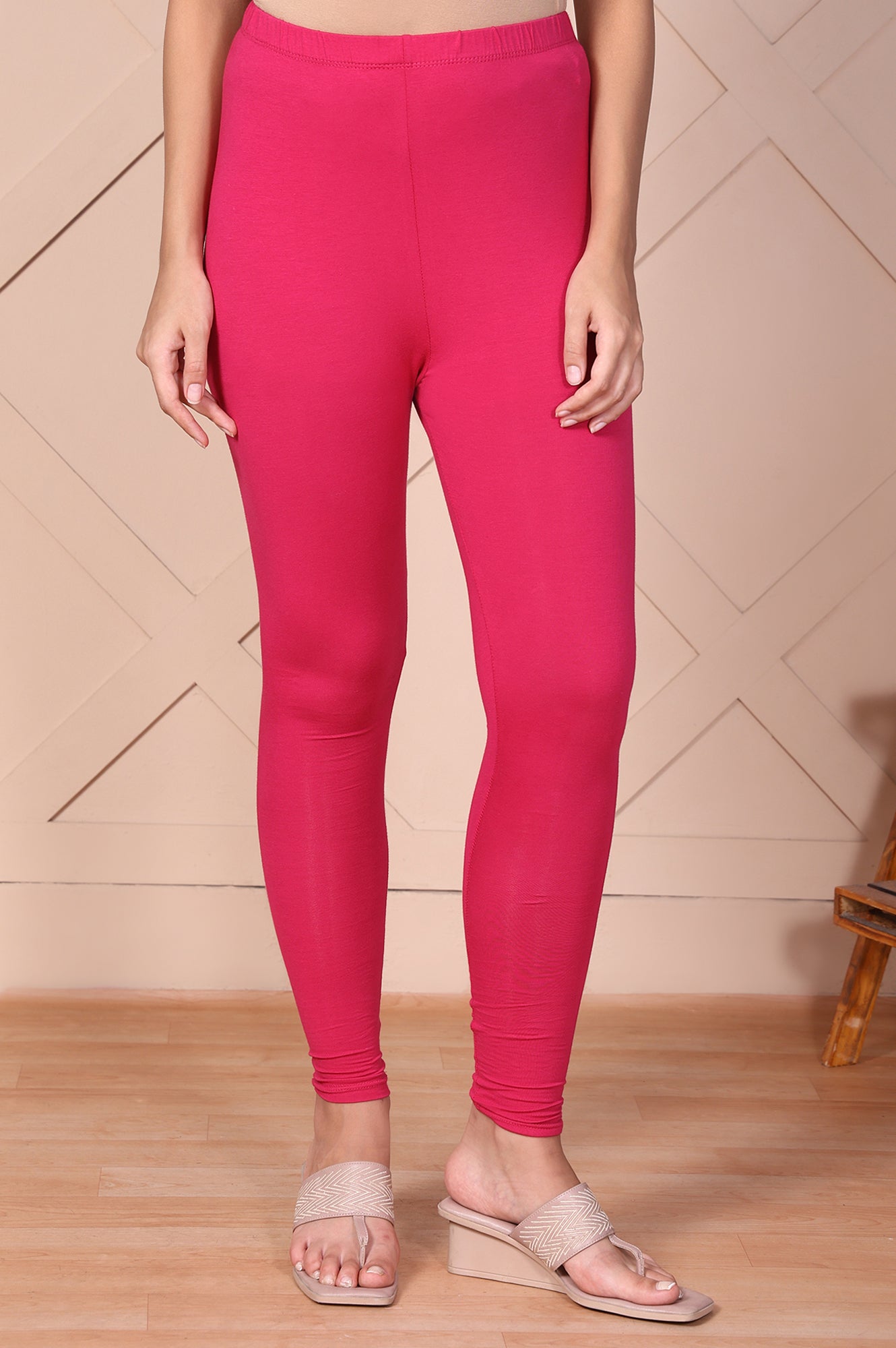 Pink Solid Ankle-Length Cotton Leggings