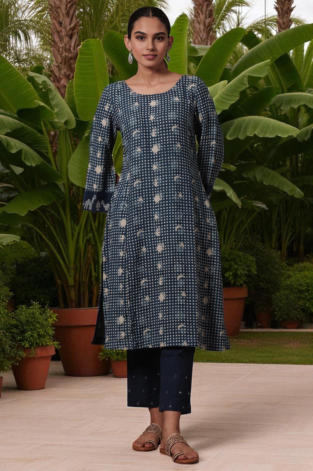 Polka Print A-line Cotton Blend Kurta