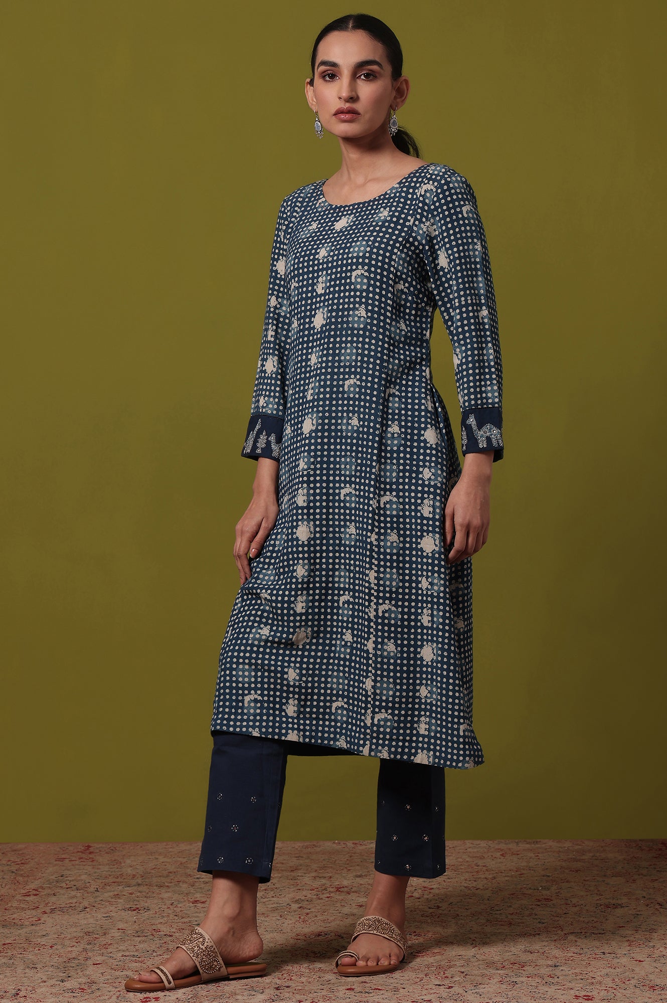 Polka Print A-line Cotton Blend Kurta
