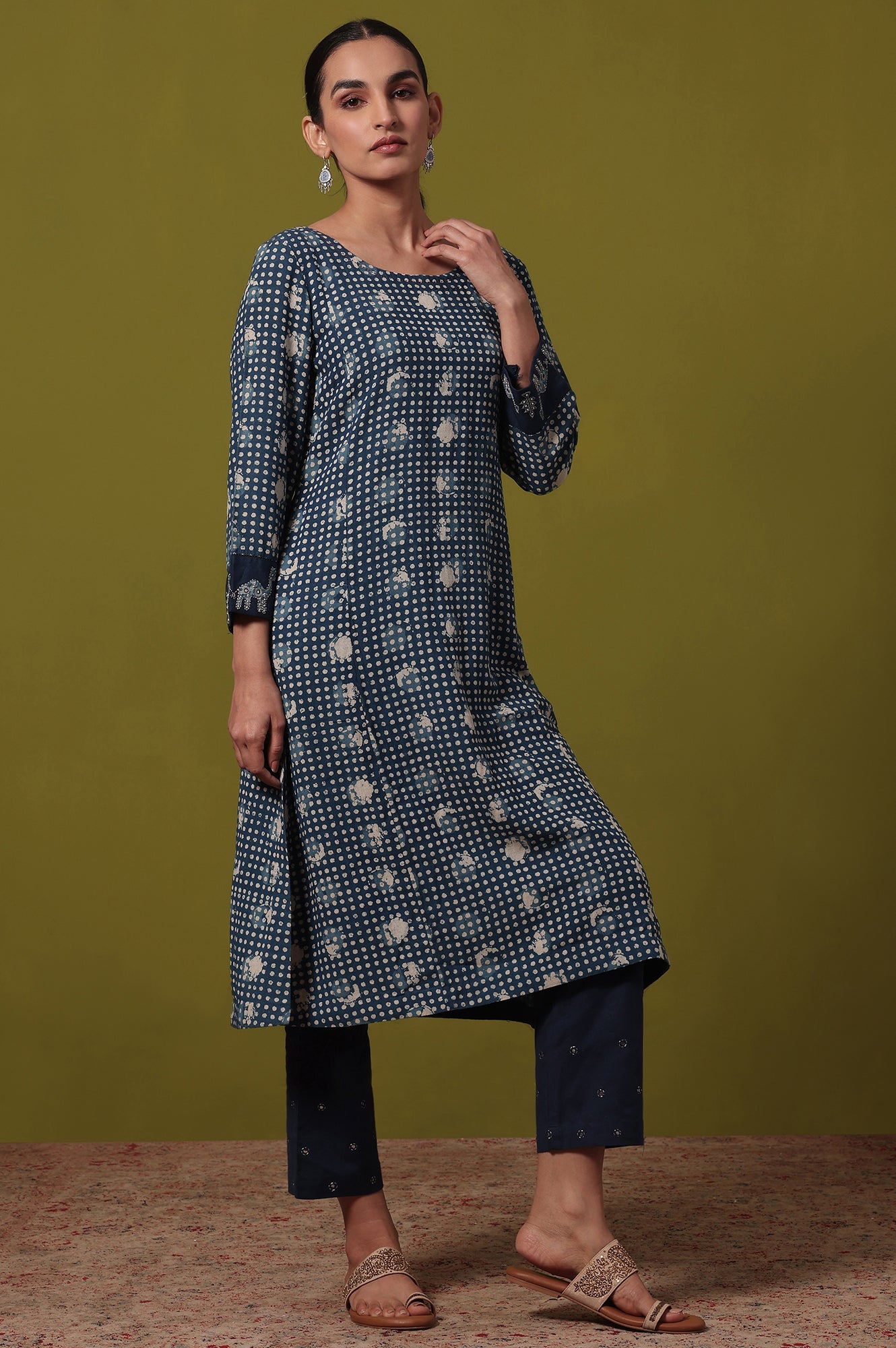 Polka Print A-line Cotton Blend Kurta
