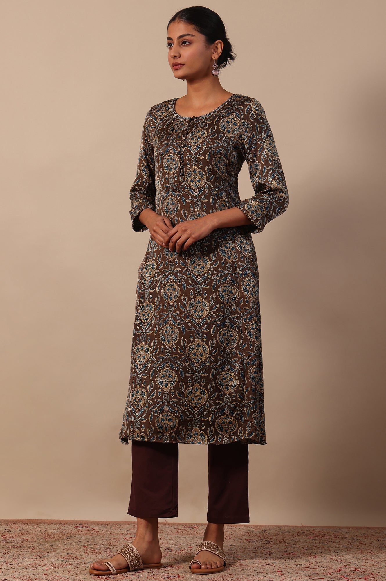 Floral Printed A-line Modal Satin Kurta