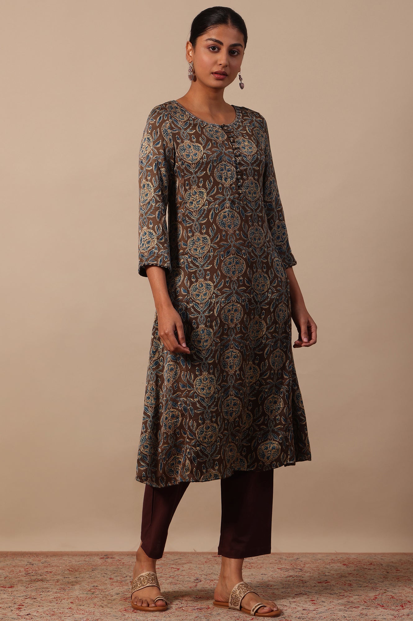 Floral Printed A-line Modal Satin Kurta