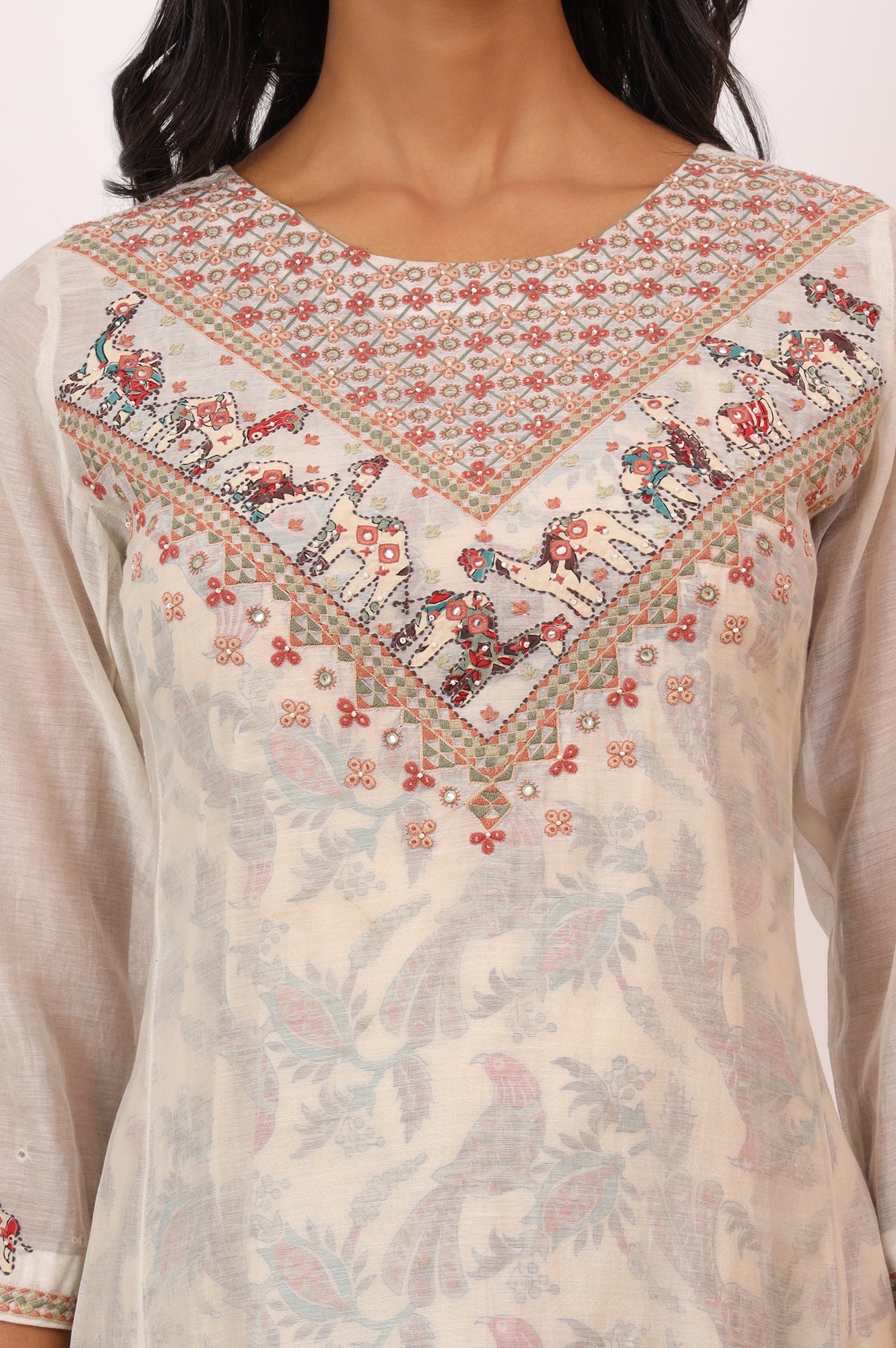 Ecru Appliqué Embroidered Layered Kurta in Cotton Silk