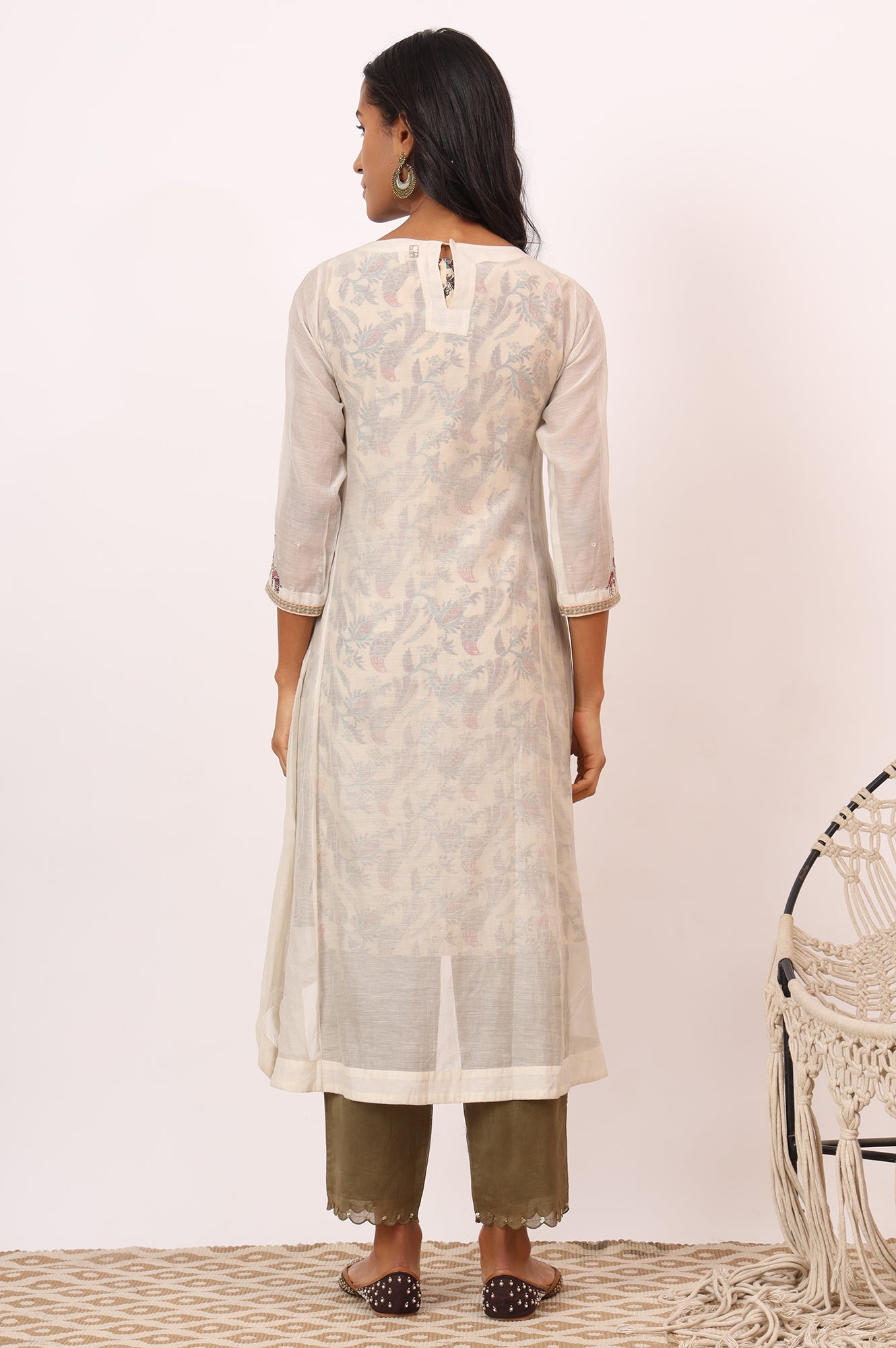 Ecru Appliqué Embroidered Layered Kurta in Cotton Silk