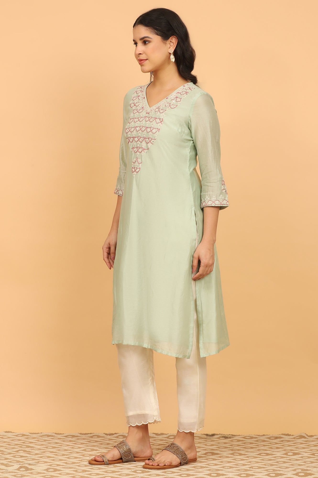 Light Green Chikankari Kurta in Cotton Silk