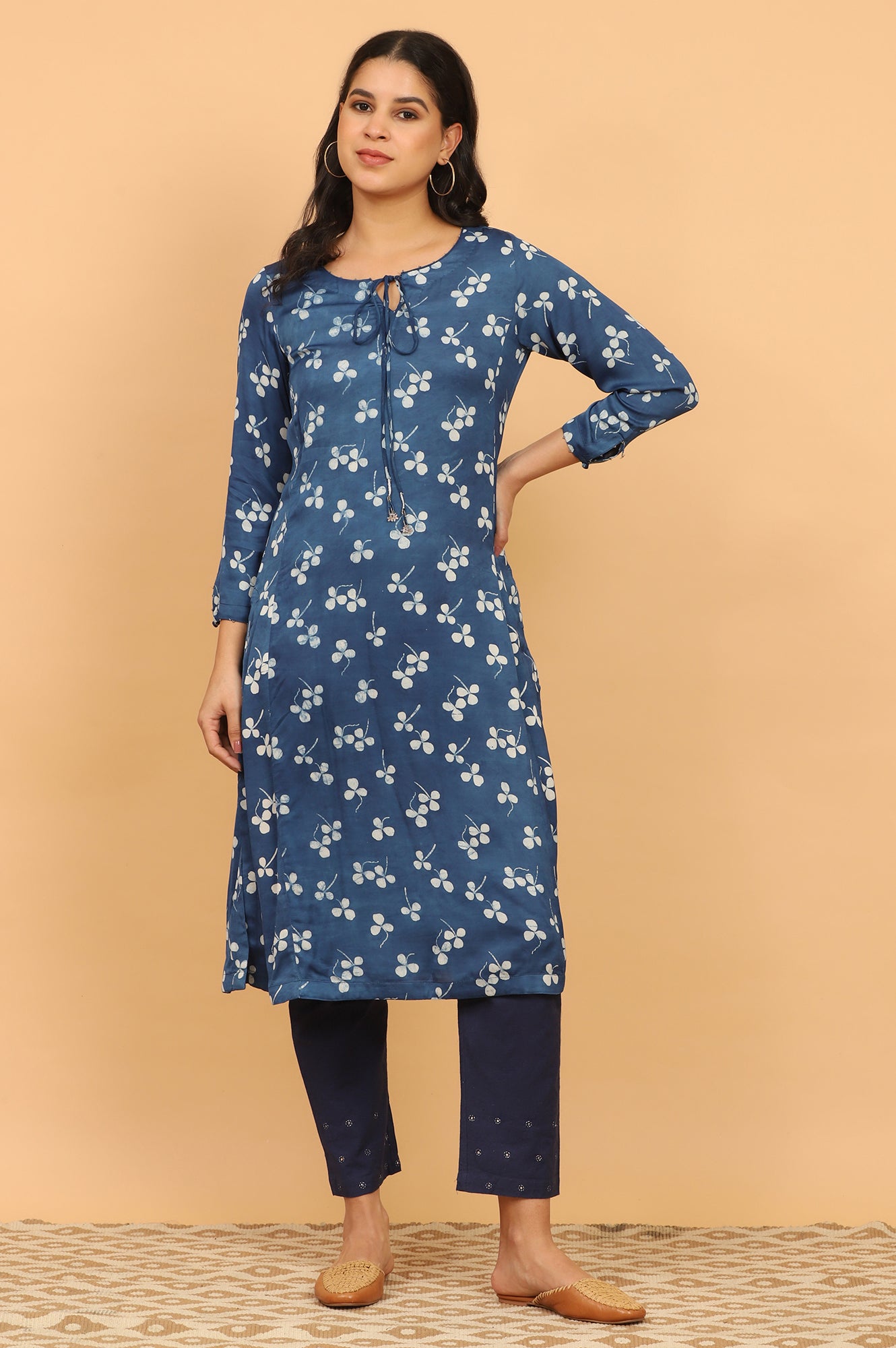 Indigo Handblock Print Kurta in Modal Satin