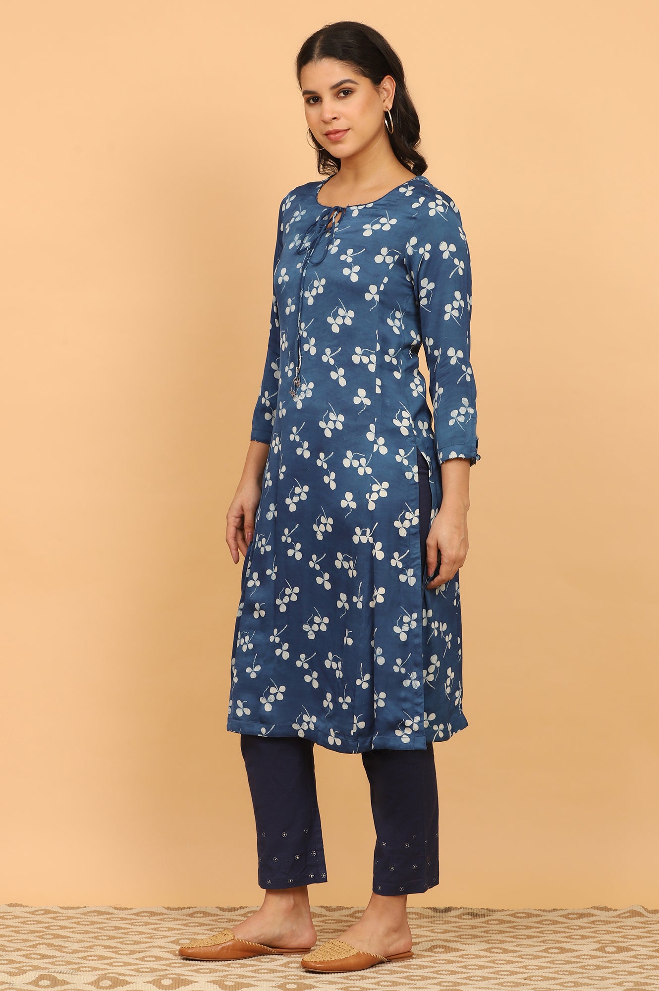 Indigo Handblock Print Kurta in Modal Satin