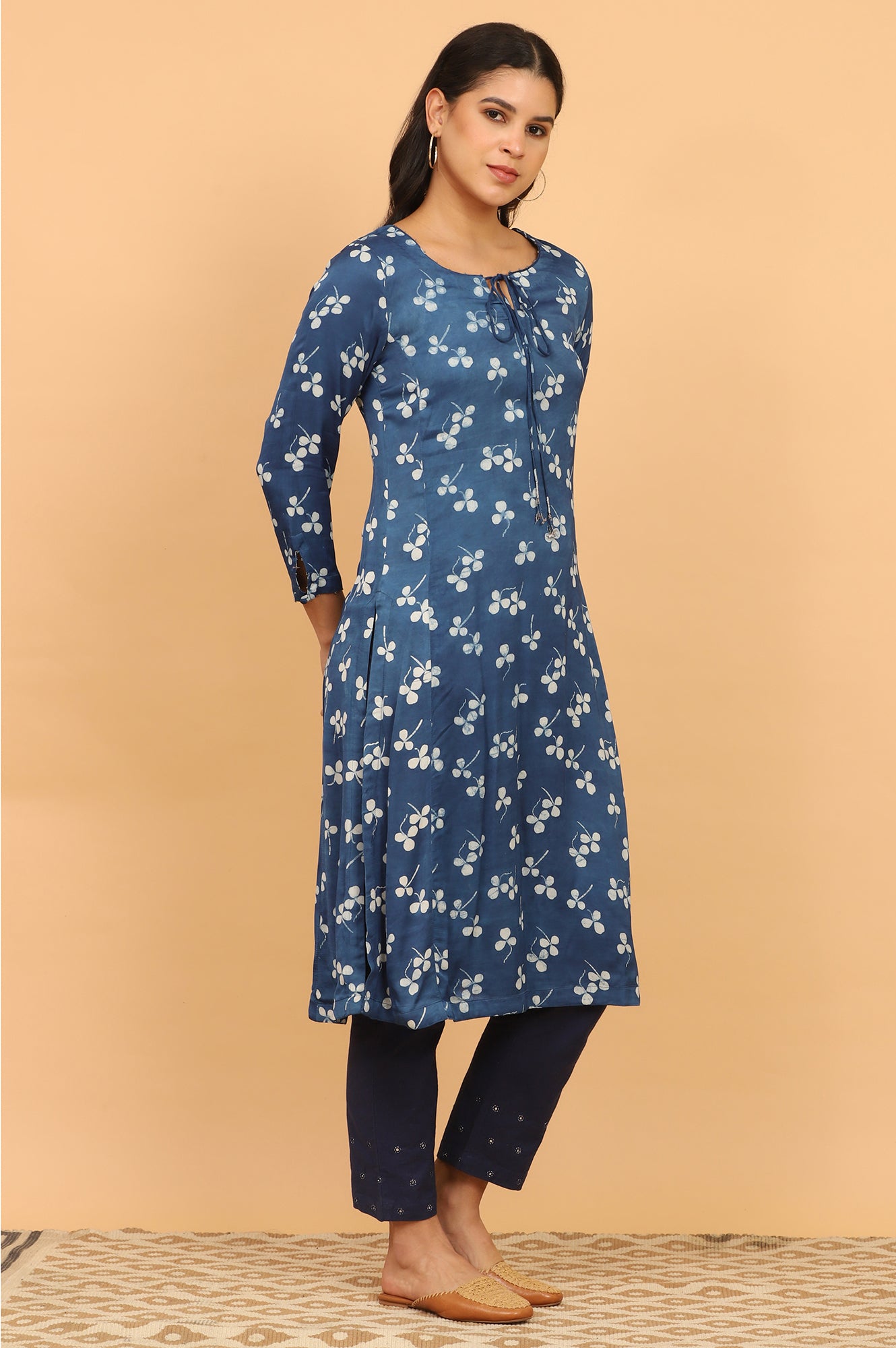 Indigo Handblock Print Kurta in Modal Satin