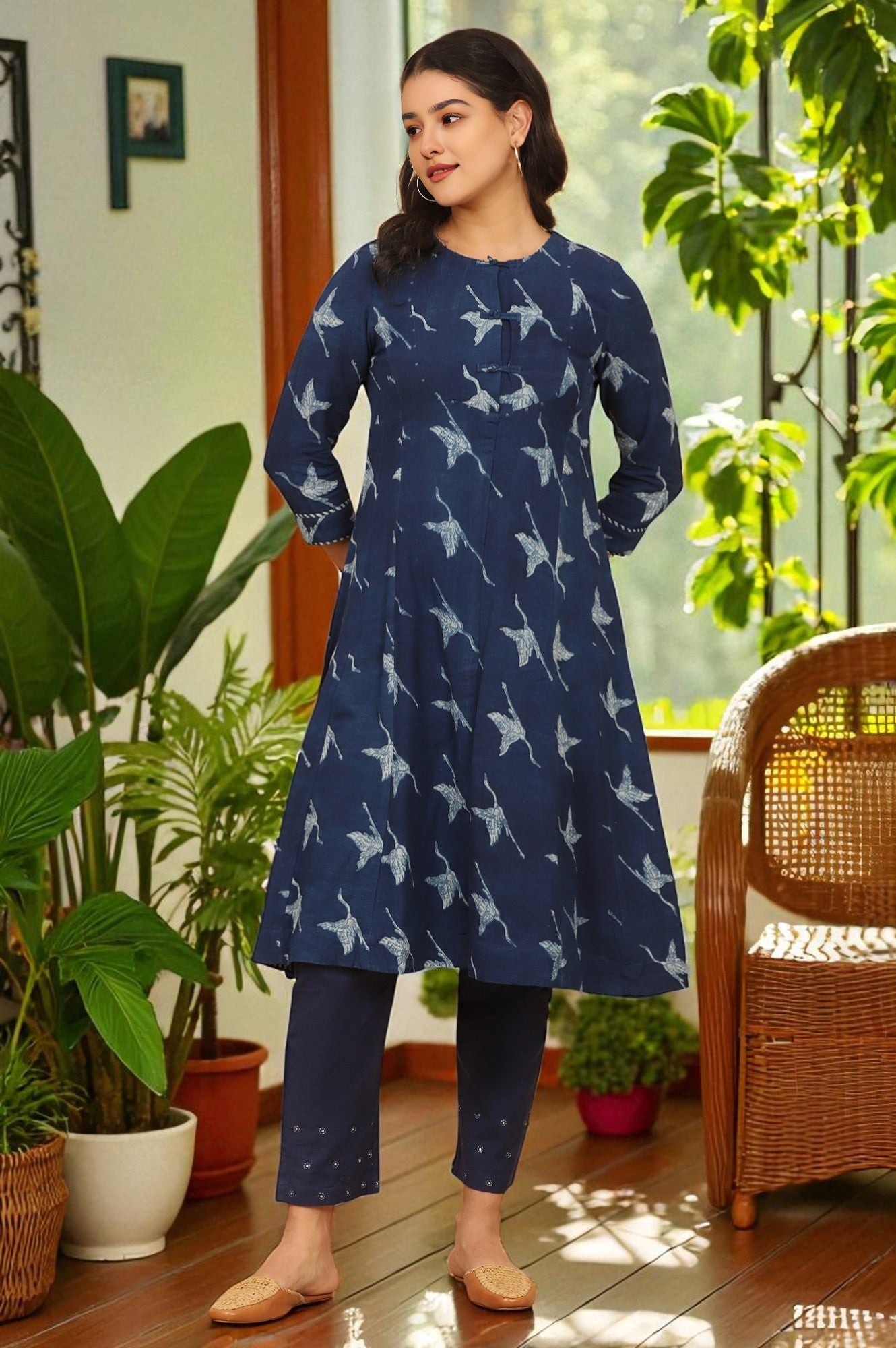 Indigo Handblock Print Flared Kurta in Rayon Flax
