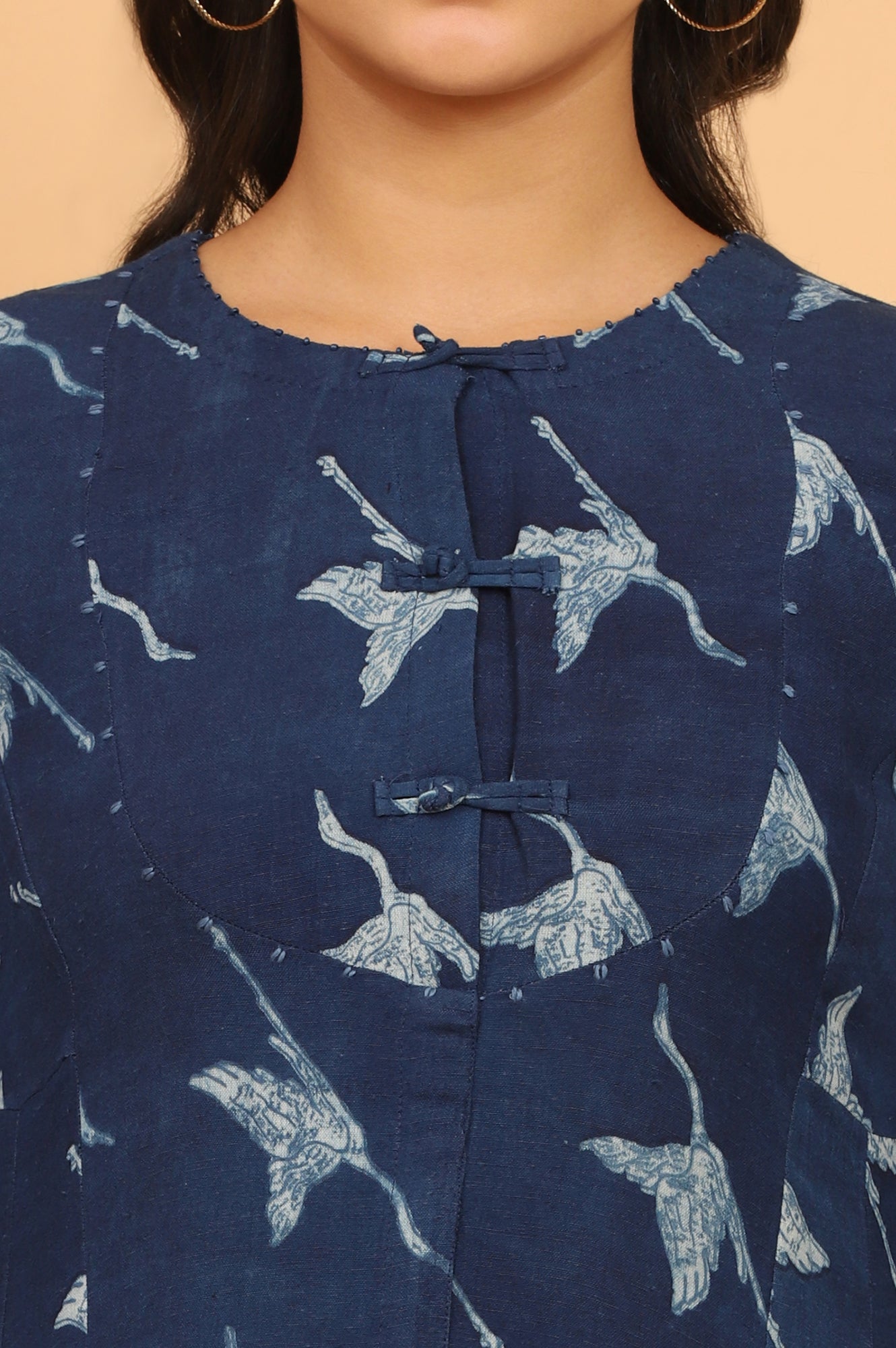Indigo Handblock Print Flared Kurta in Rayon Flax