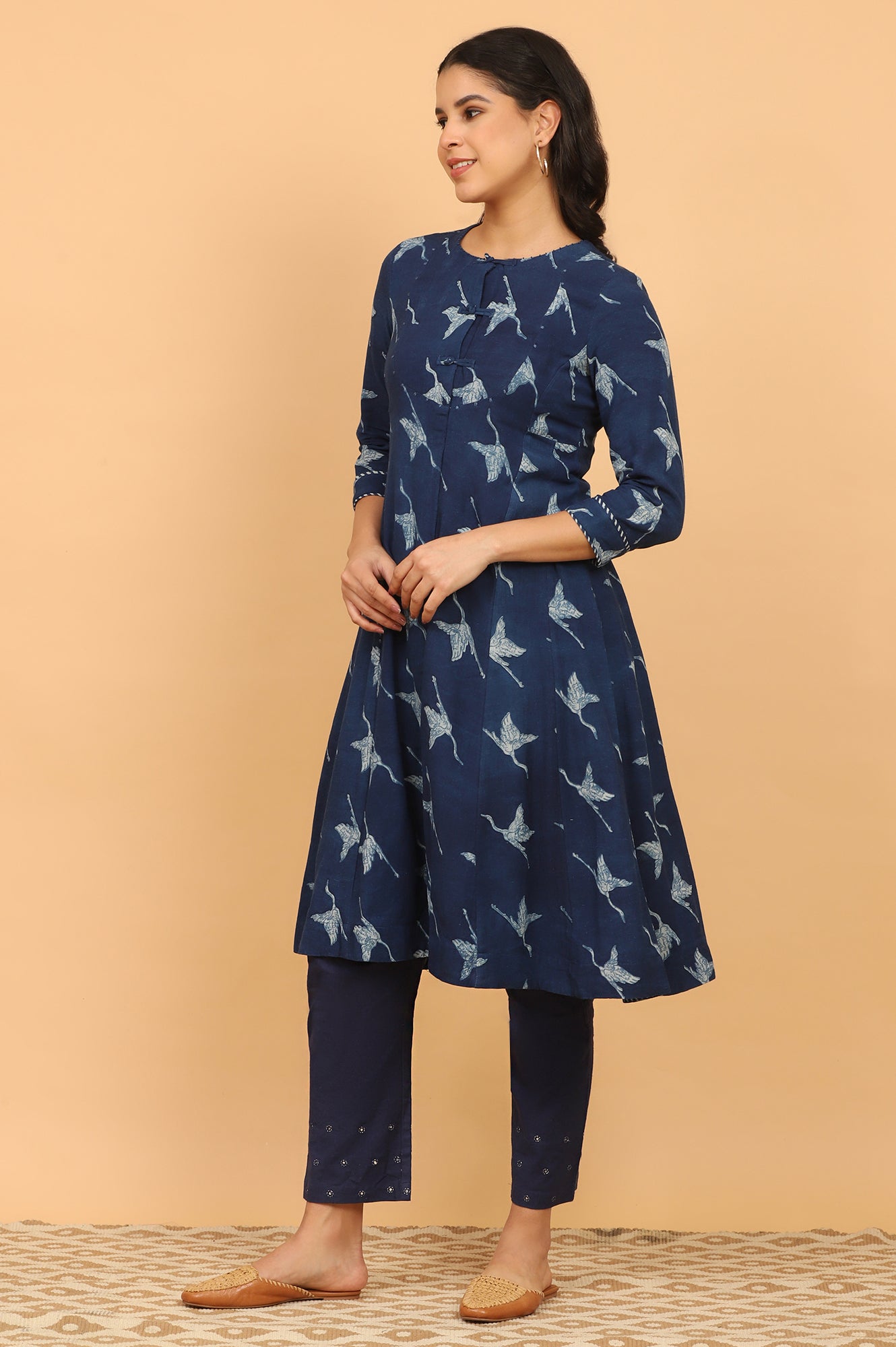 Indigo Handblock Print Flared Kurta in Rayon Flax