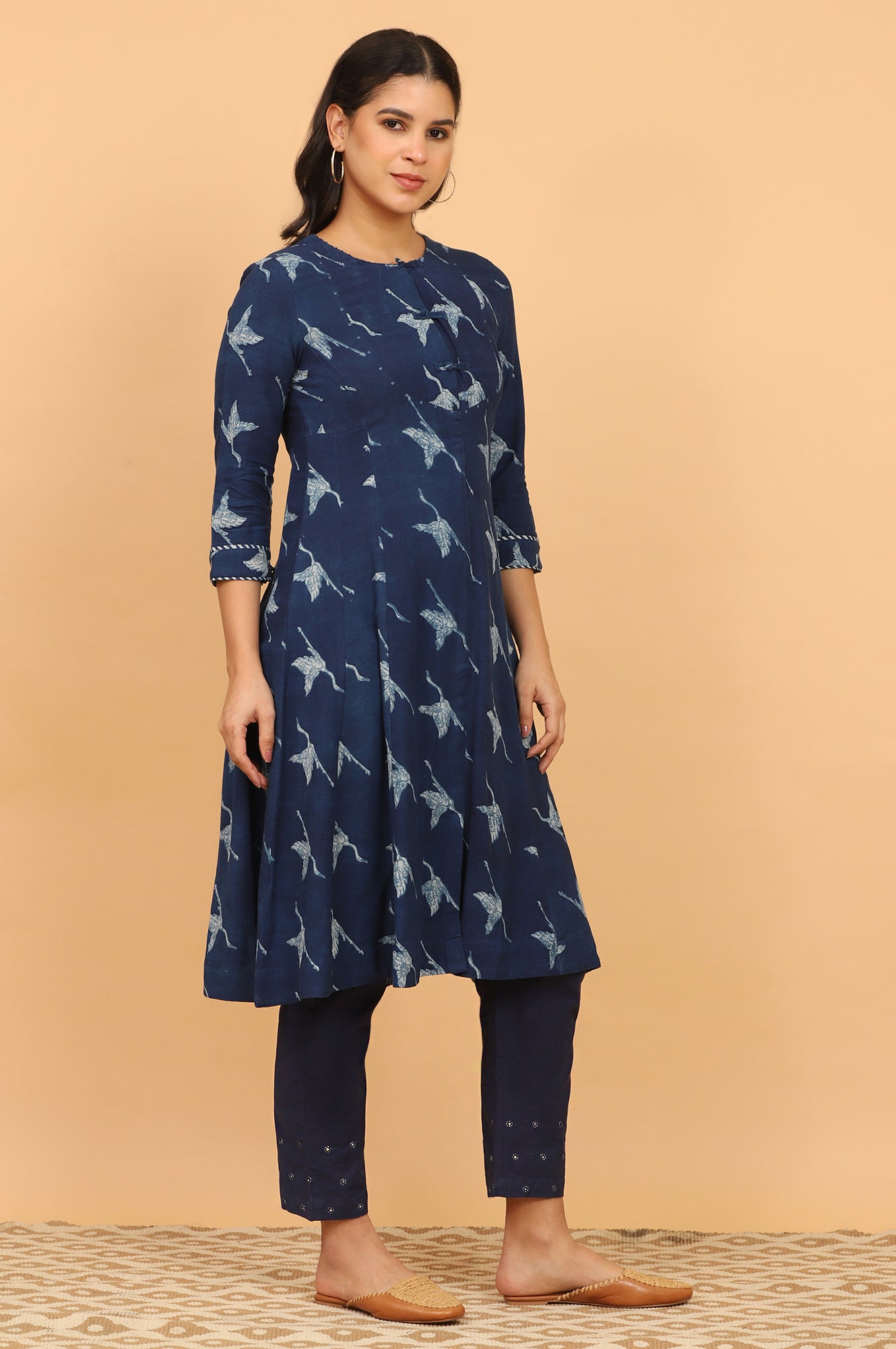 Indigo Handblock Print Flared Kurta in Rayon Flax