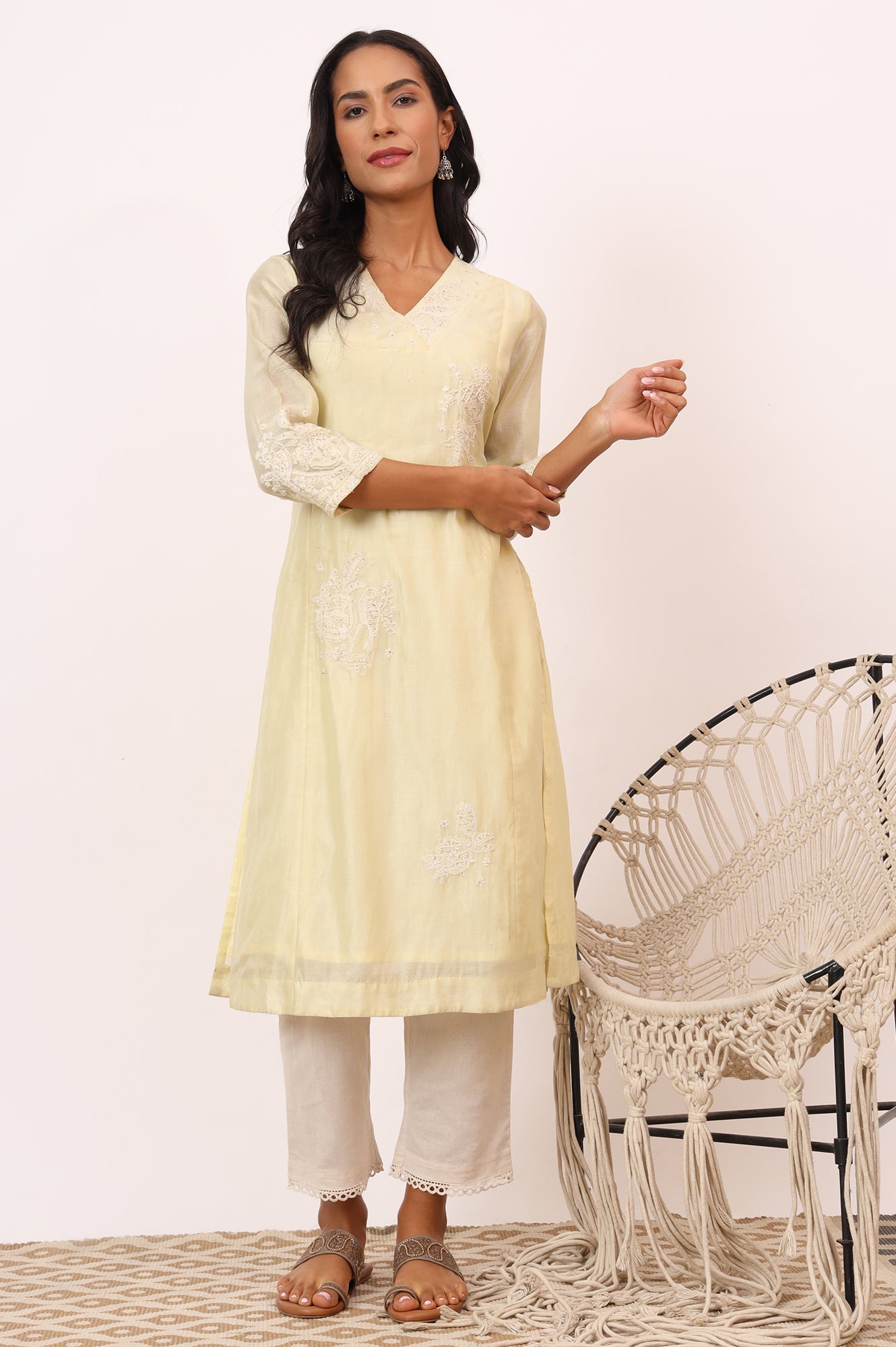 Light Lemon Chikankari Kurta in Cotton Silk