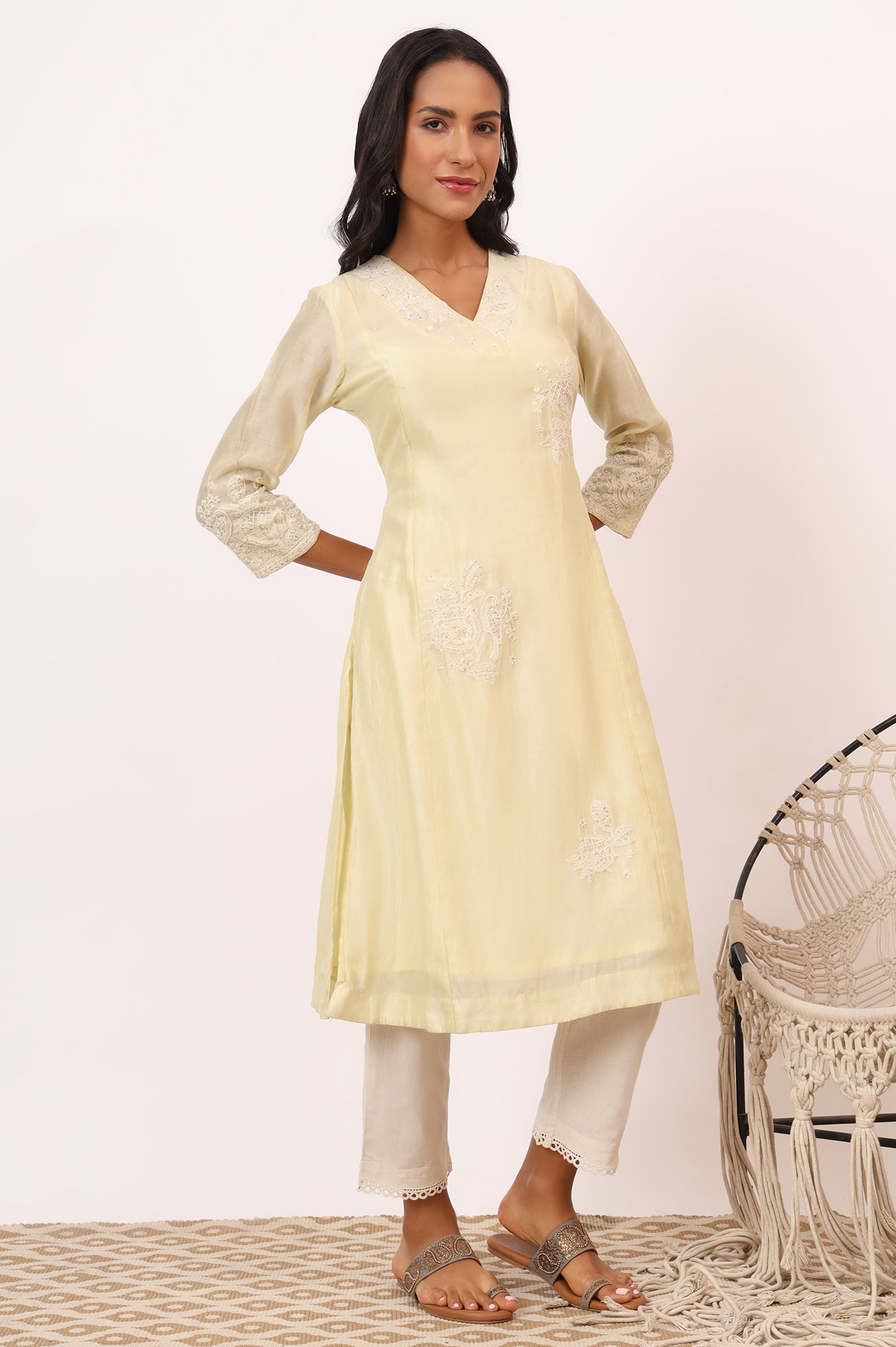 Light Lemon Chikankari Kurta in Cotton Silk