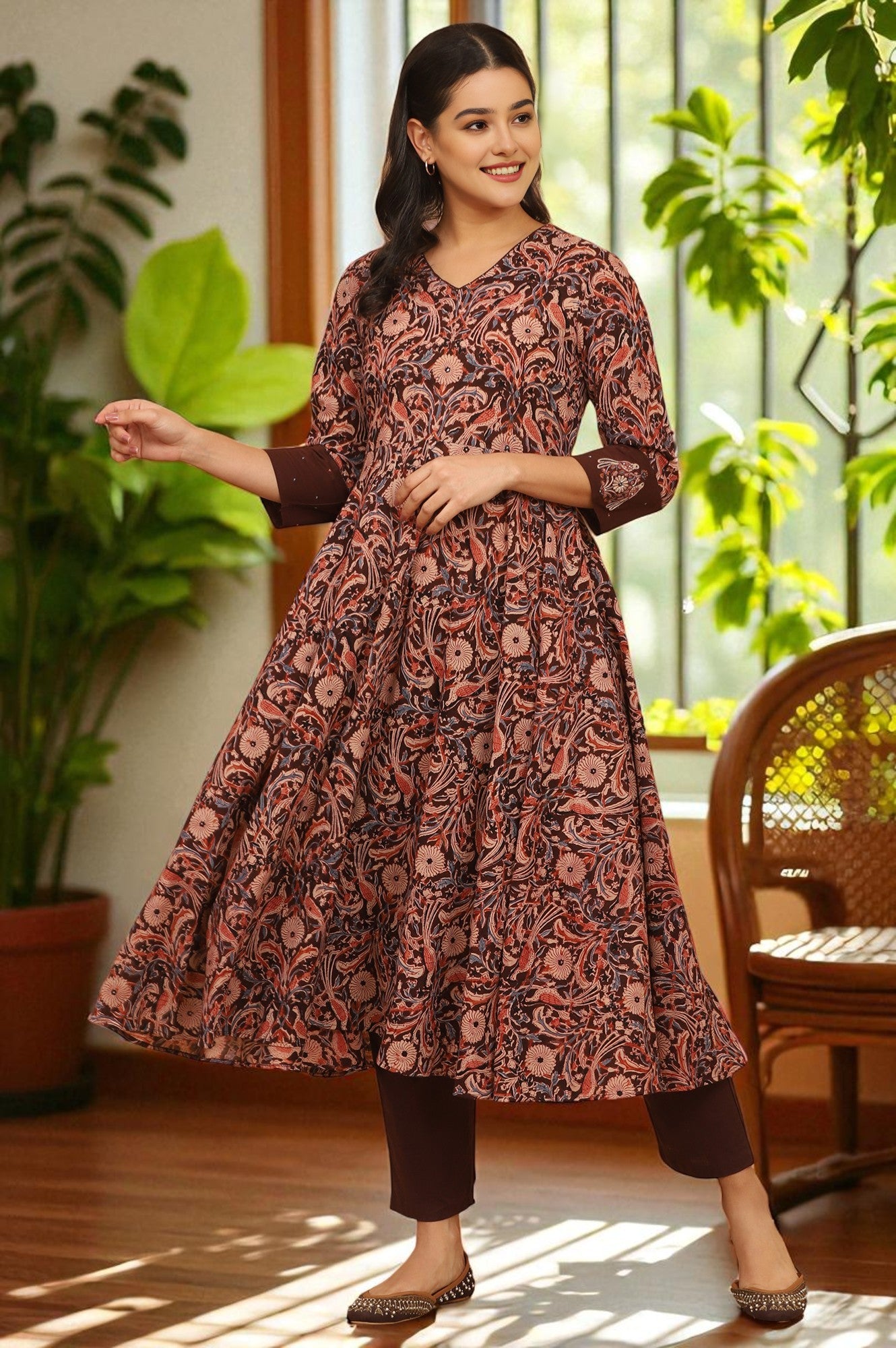 Dark Wine Handblock Print Kalamkari Kurta