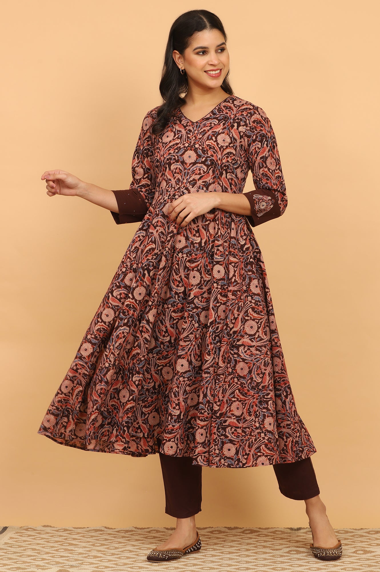 Dark Wine Handblock Print Kalamkari Kurta
