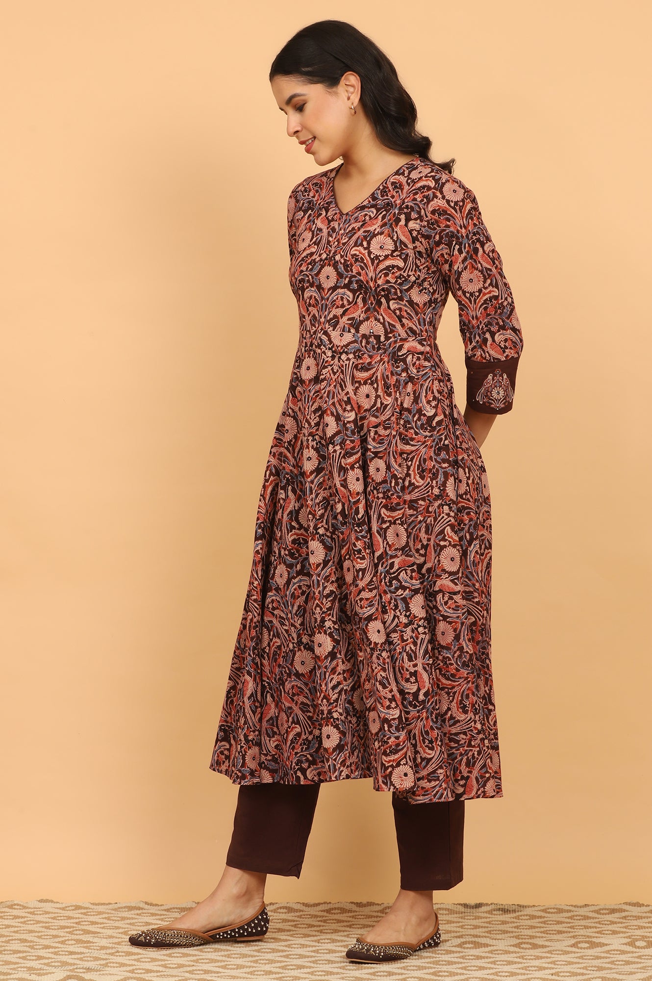 Dark Wine Handblock Print Kalamkari Kurta