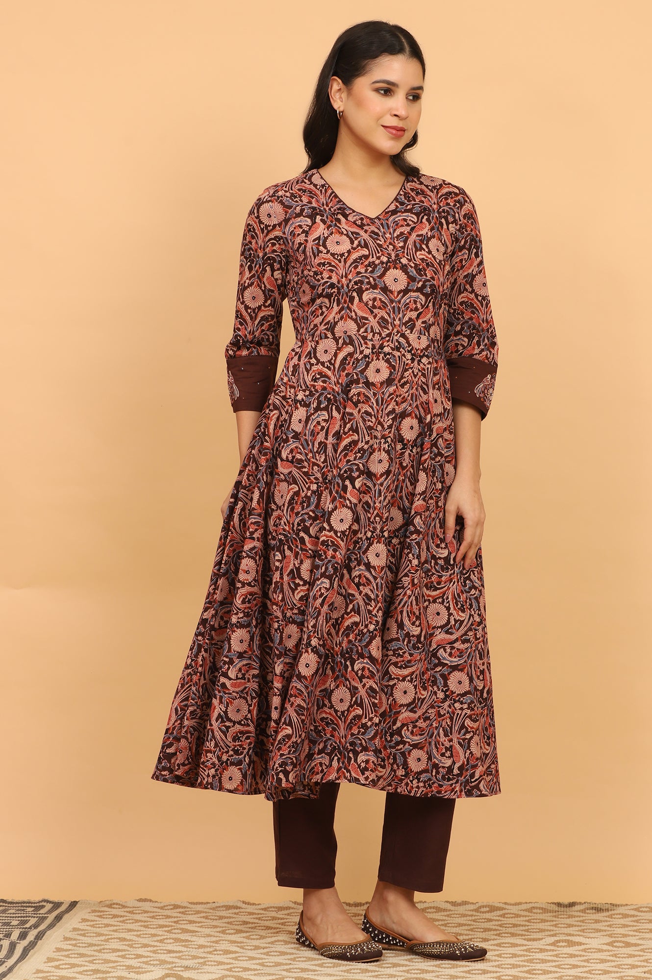 Dark Wine Handblock Print Kalamkari Kurta