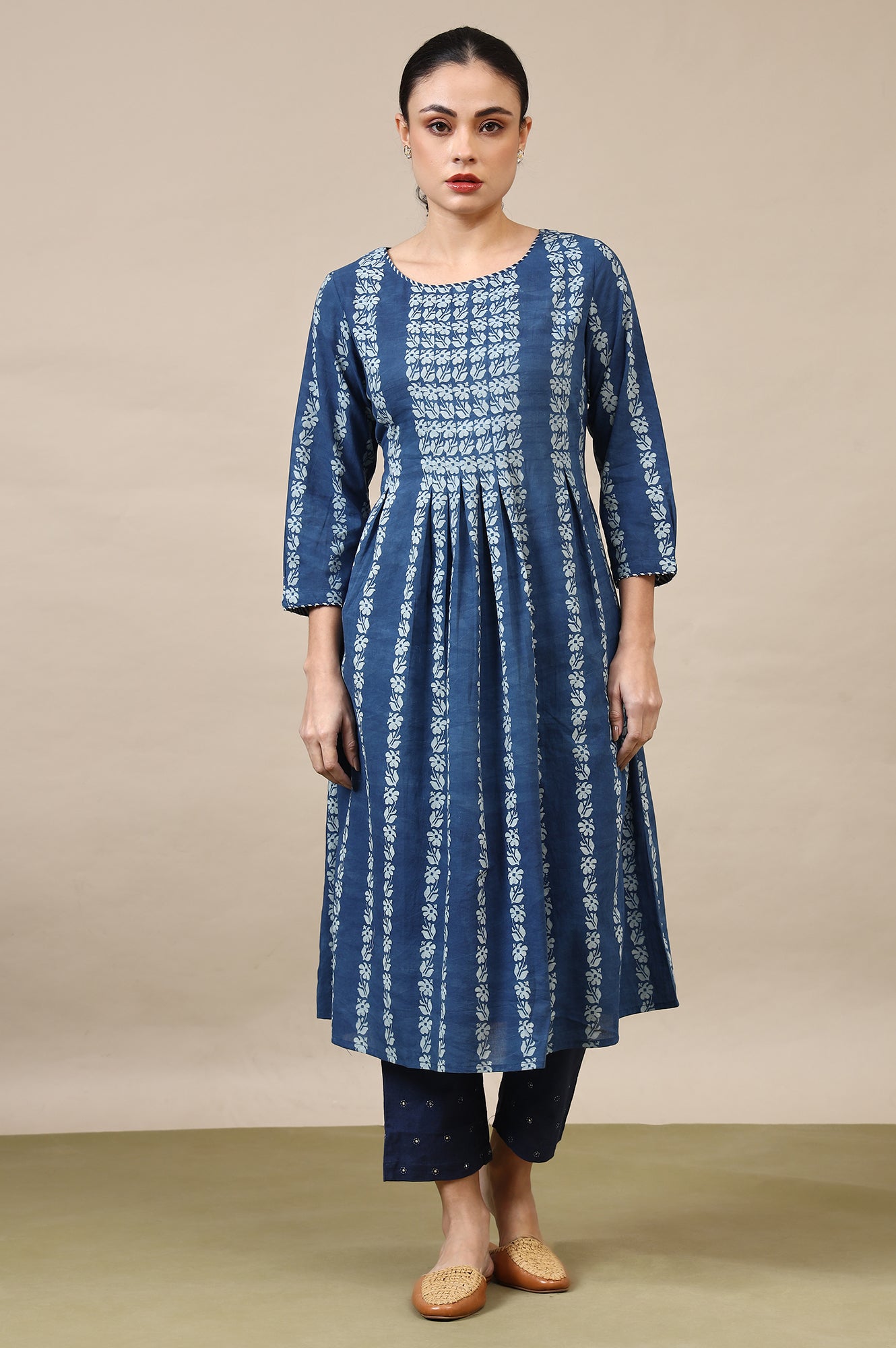 Indigo Handblock Print Pleated Kurta
