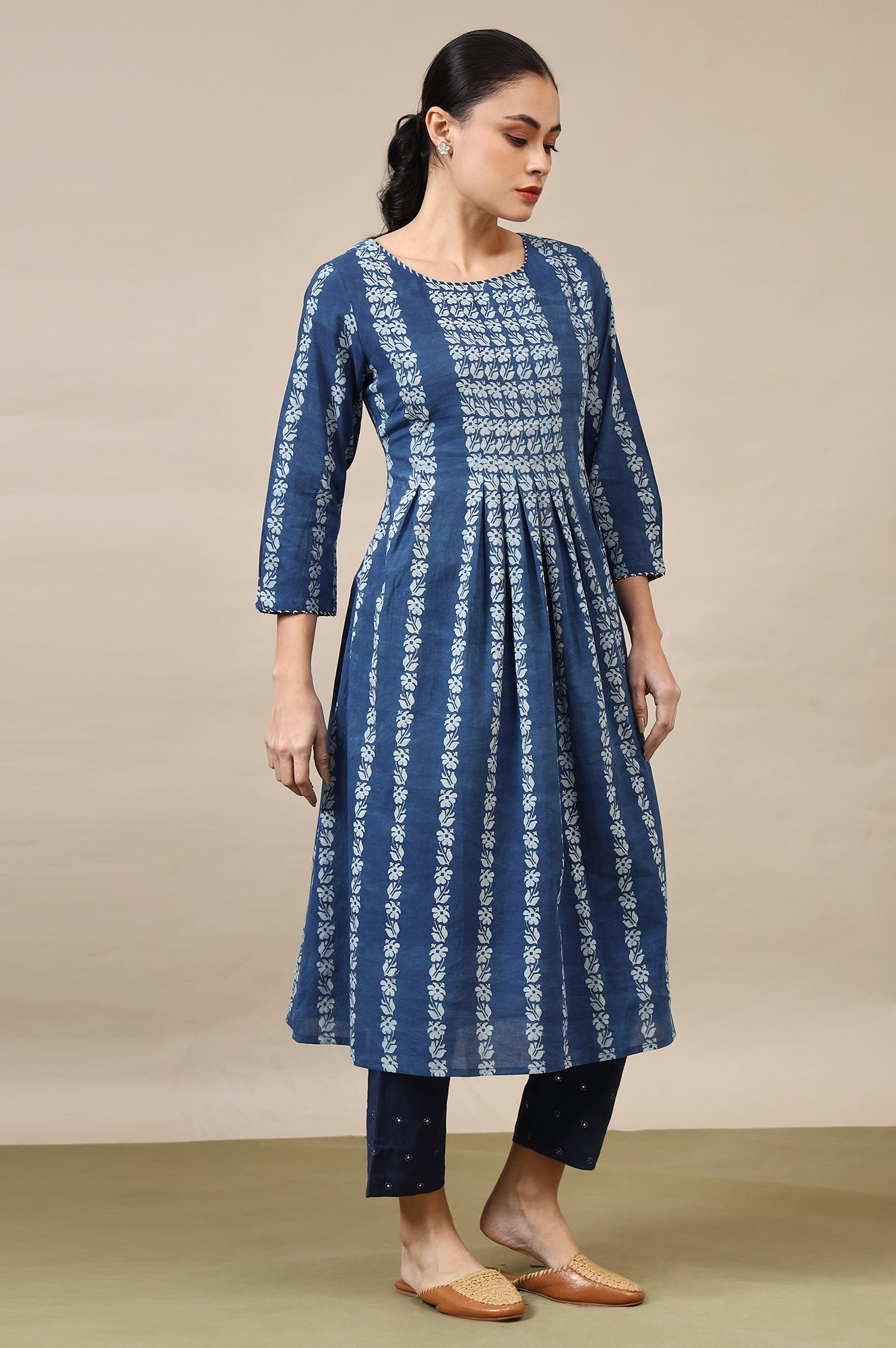 Indigo Handblock Print Pleated Kurta