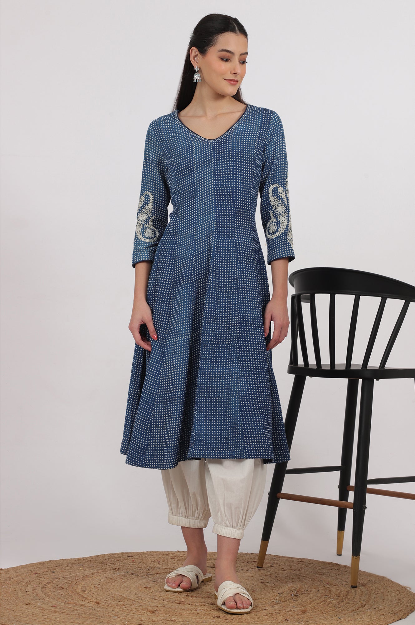 Indigo Handblock Printed Chikankari Kalidar Kurta