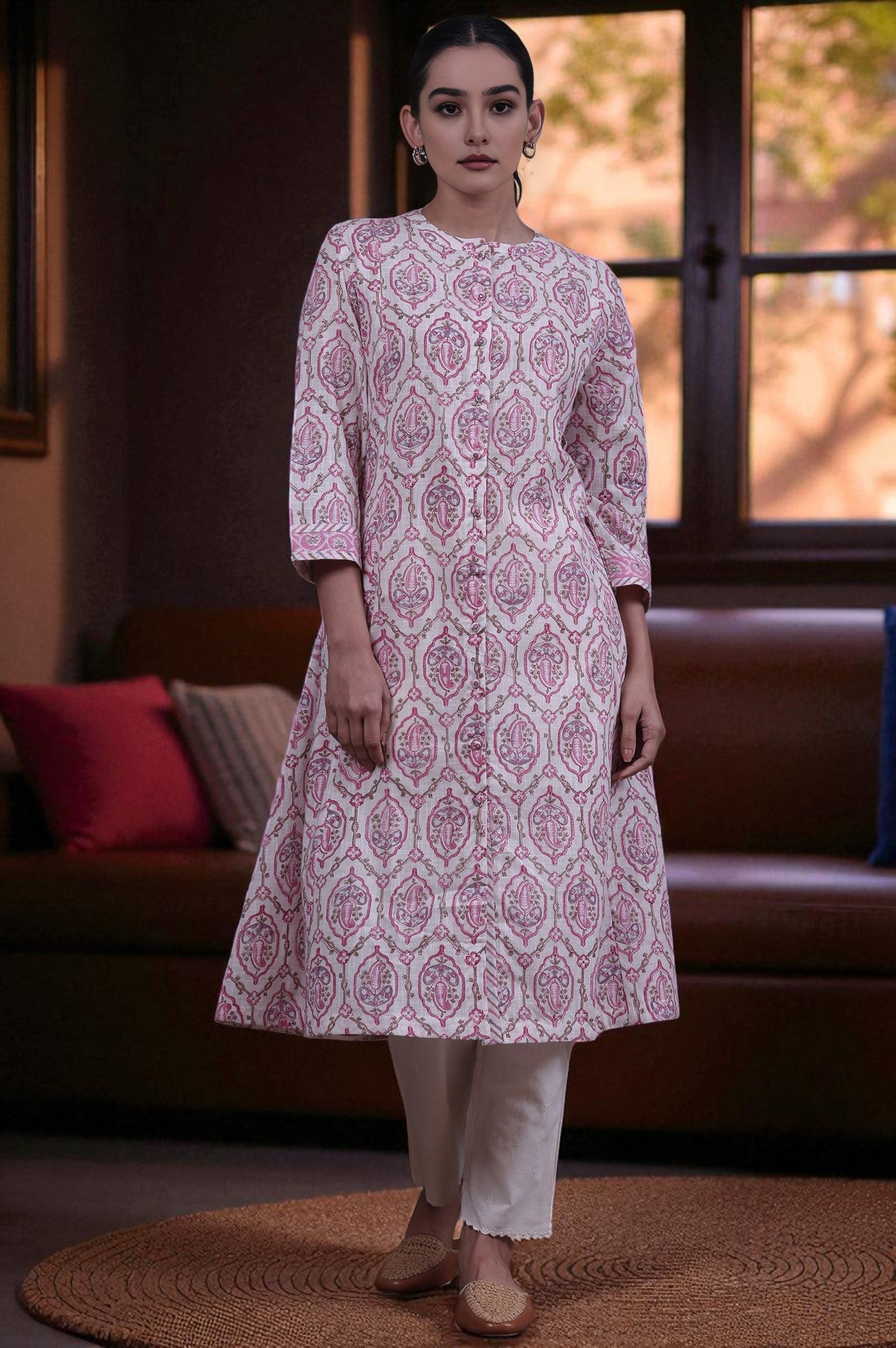 Cream Paisley Print A-Line Pure Cotton Kurta