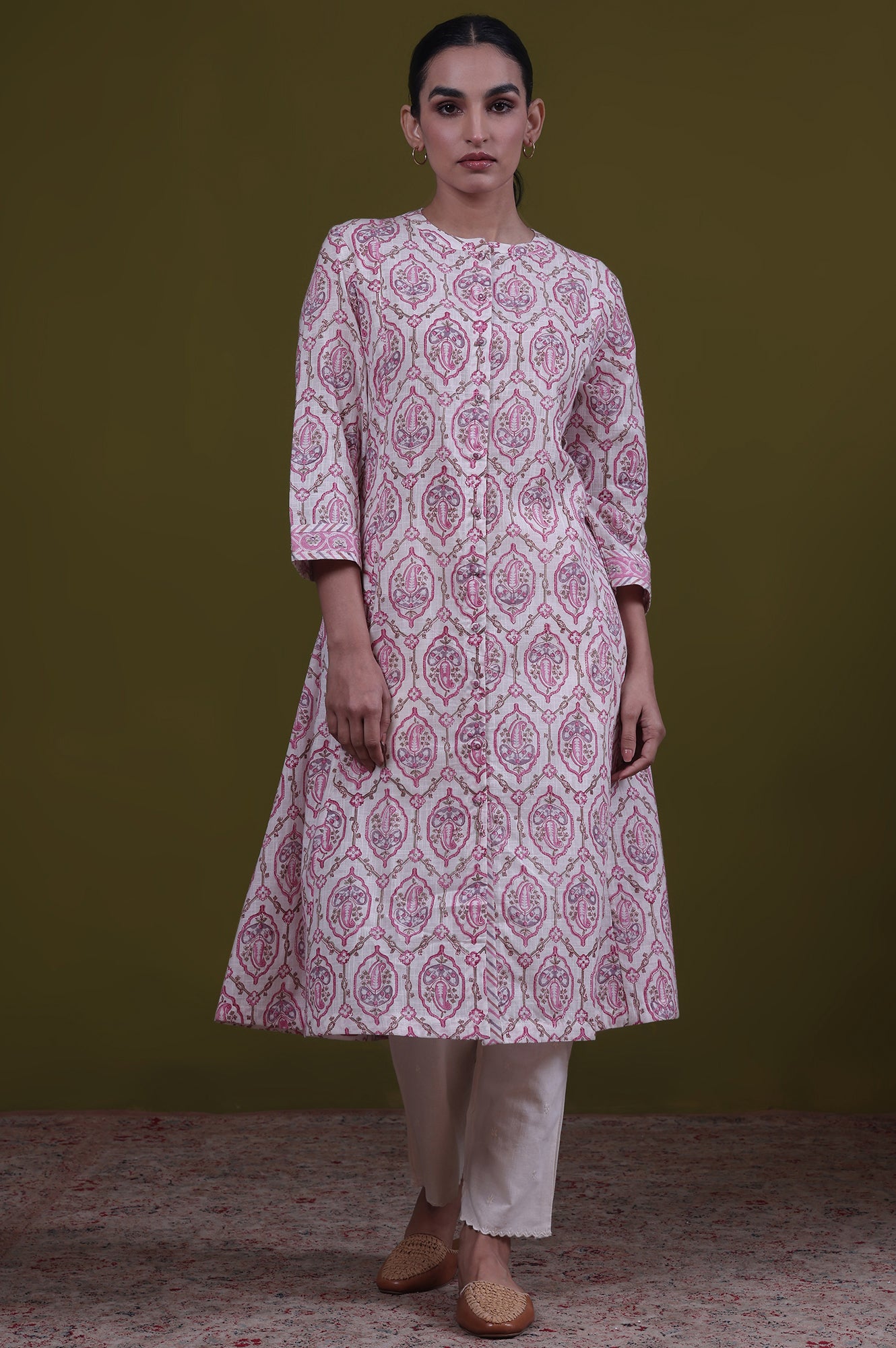 Cream Paisley Print A-Line Pure Cotton Kurta