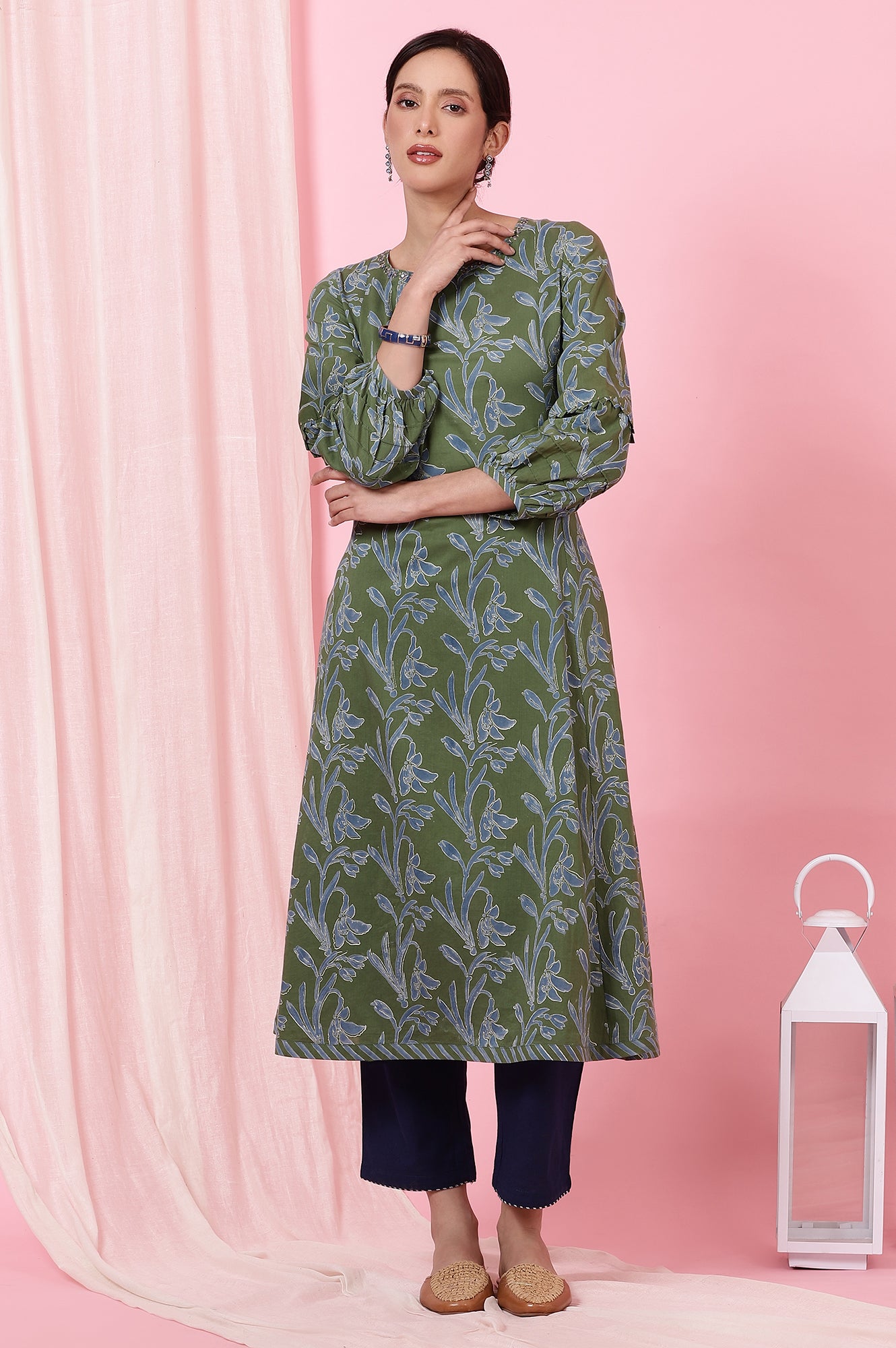 Green Floral Handblock Printed Kurta with Volume Sleeves