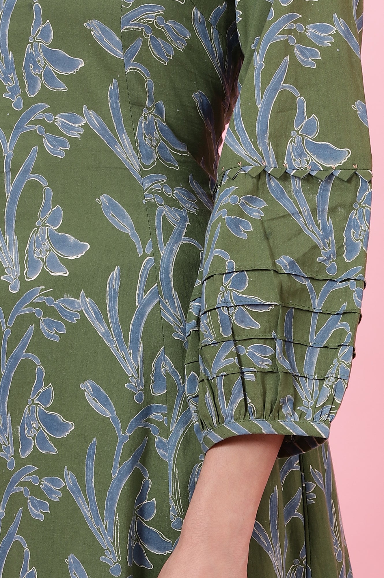 Green Floral Handblock Printed Kurta with Volume Sleeves