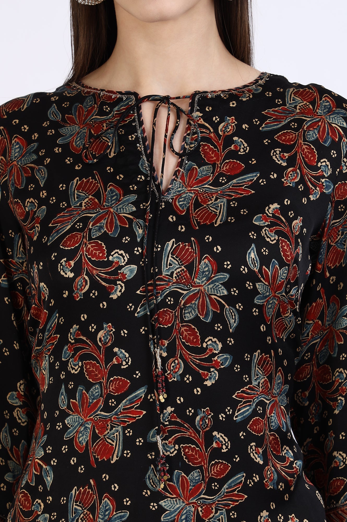 Black Ajrakh Printed Kurta in Lustrous Modal Satin