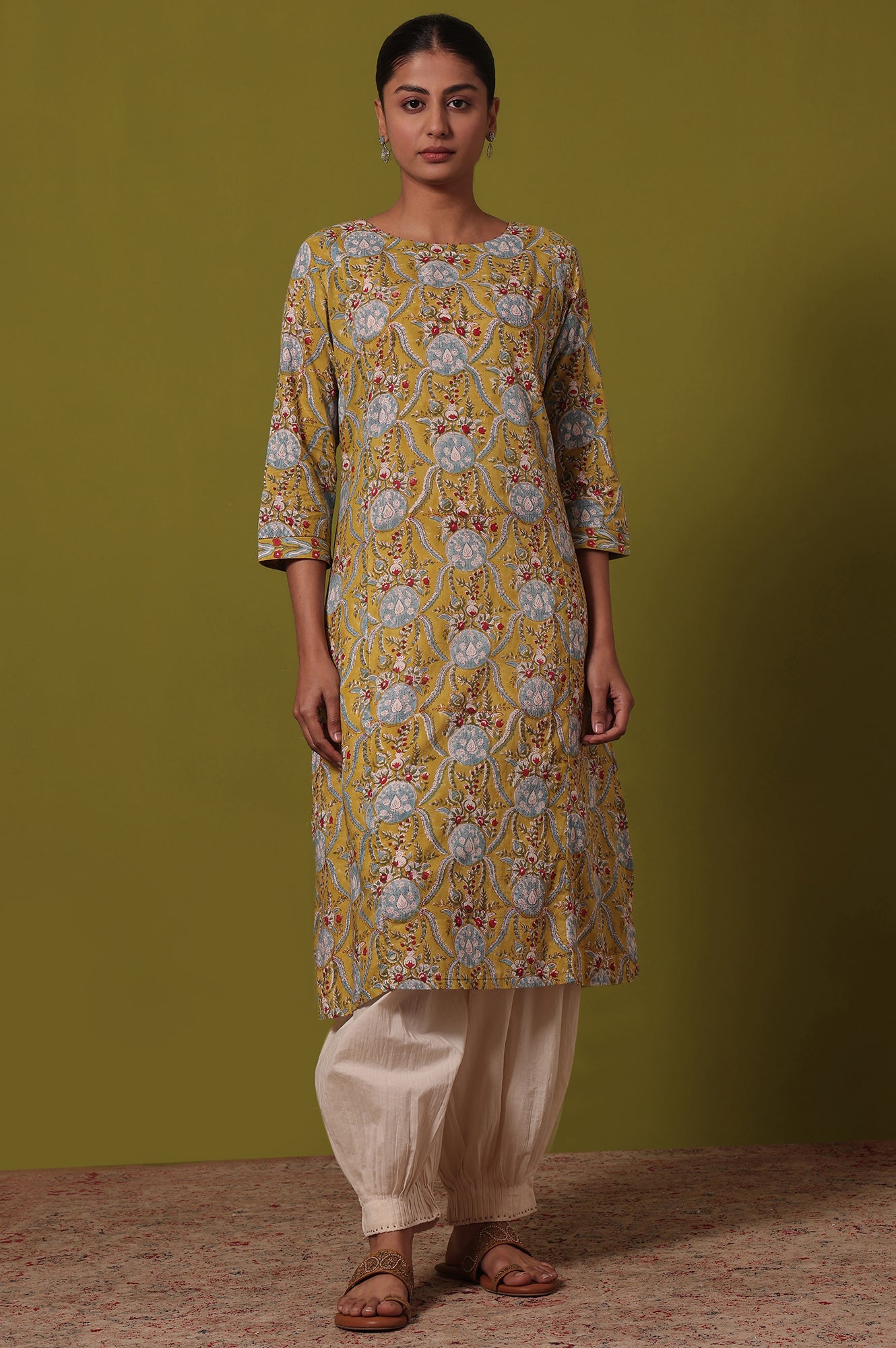 Yellow Floral Printed A-Line Pure Cotton Kurta