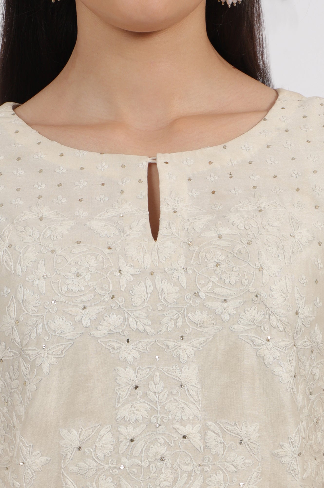 Ecru Embroidered Kurta in Cotton Silk