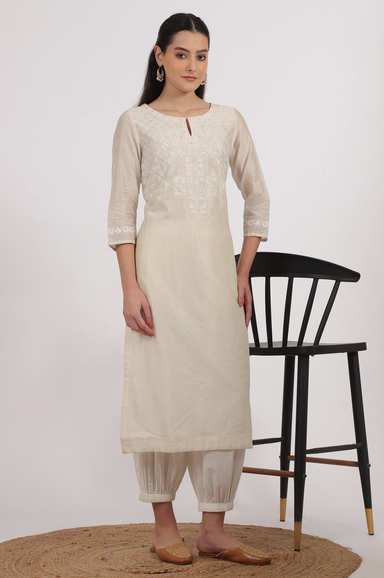 Ecru Embroidered Kurta in Cotton Silk