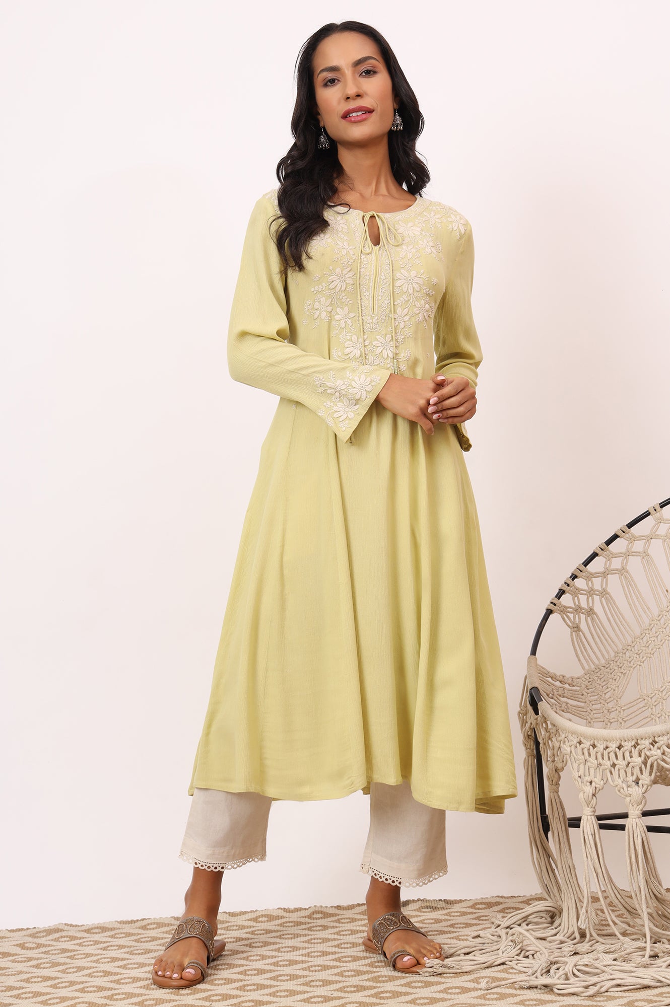 Yellow Chikankari Kurta in Fluid Rayon Crepe