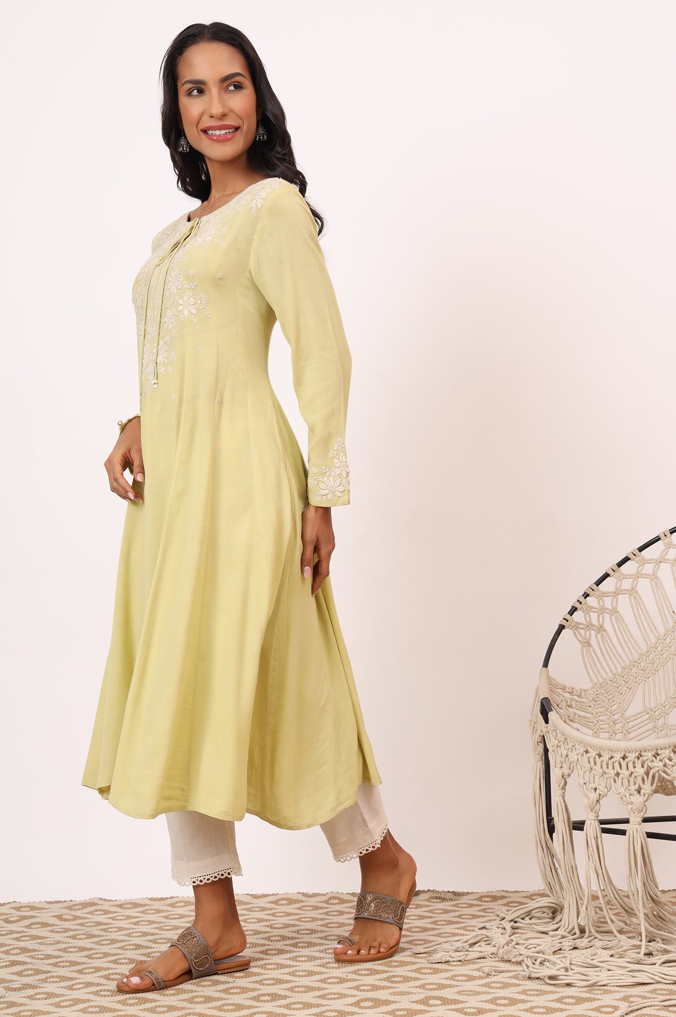 Yellow Chikankari Kurta in Fluid Rayon Crepe
