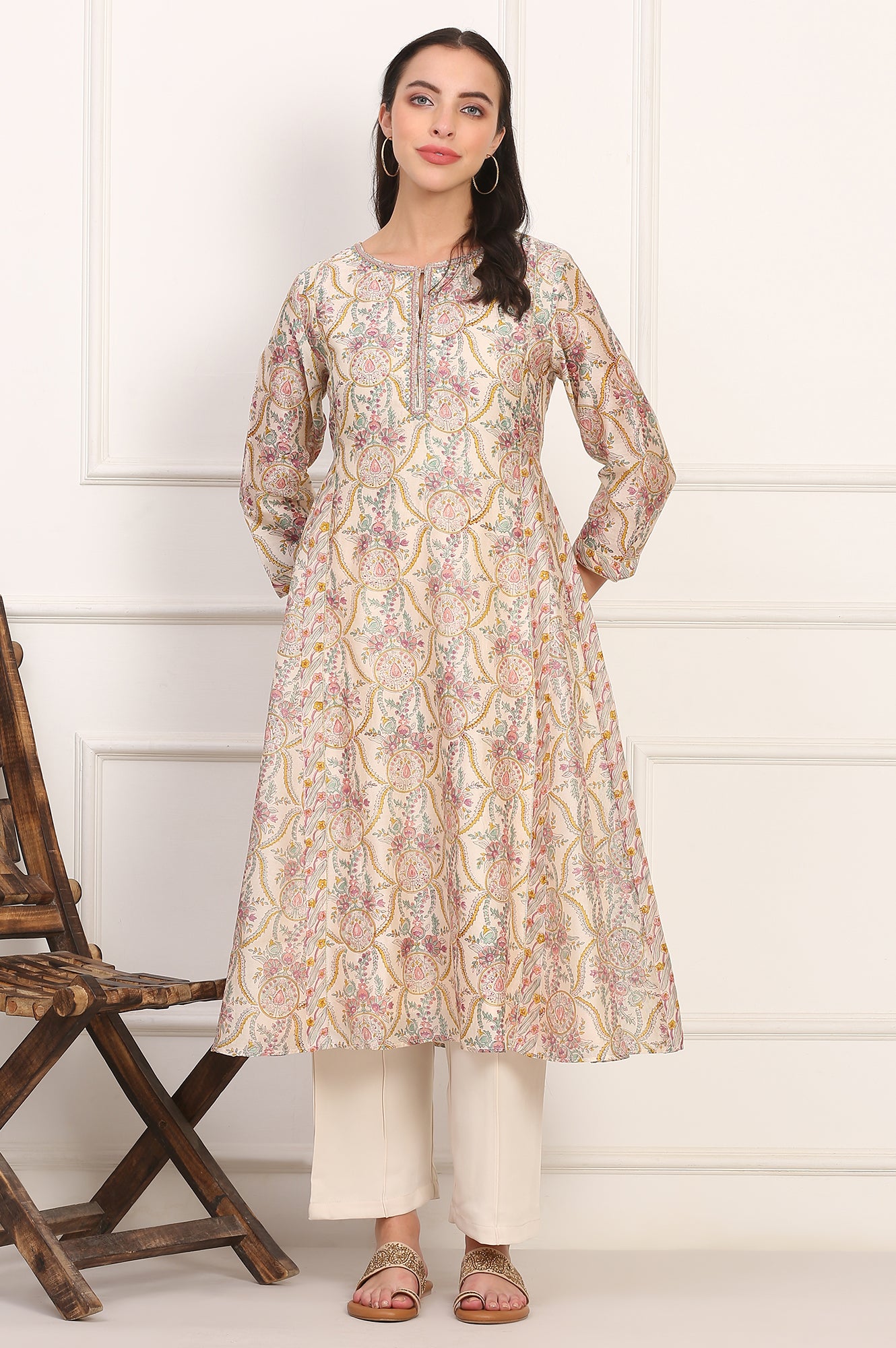 Cream Hand Block Floral Printed Metallic Embroidery Cotton Silk Kurta