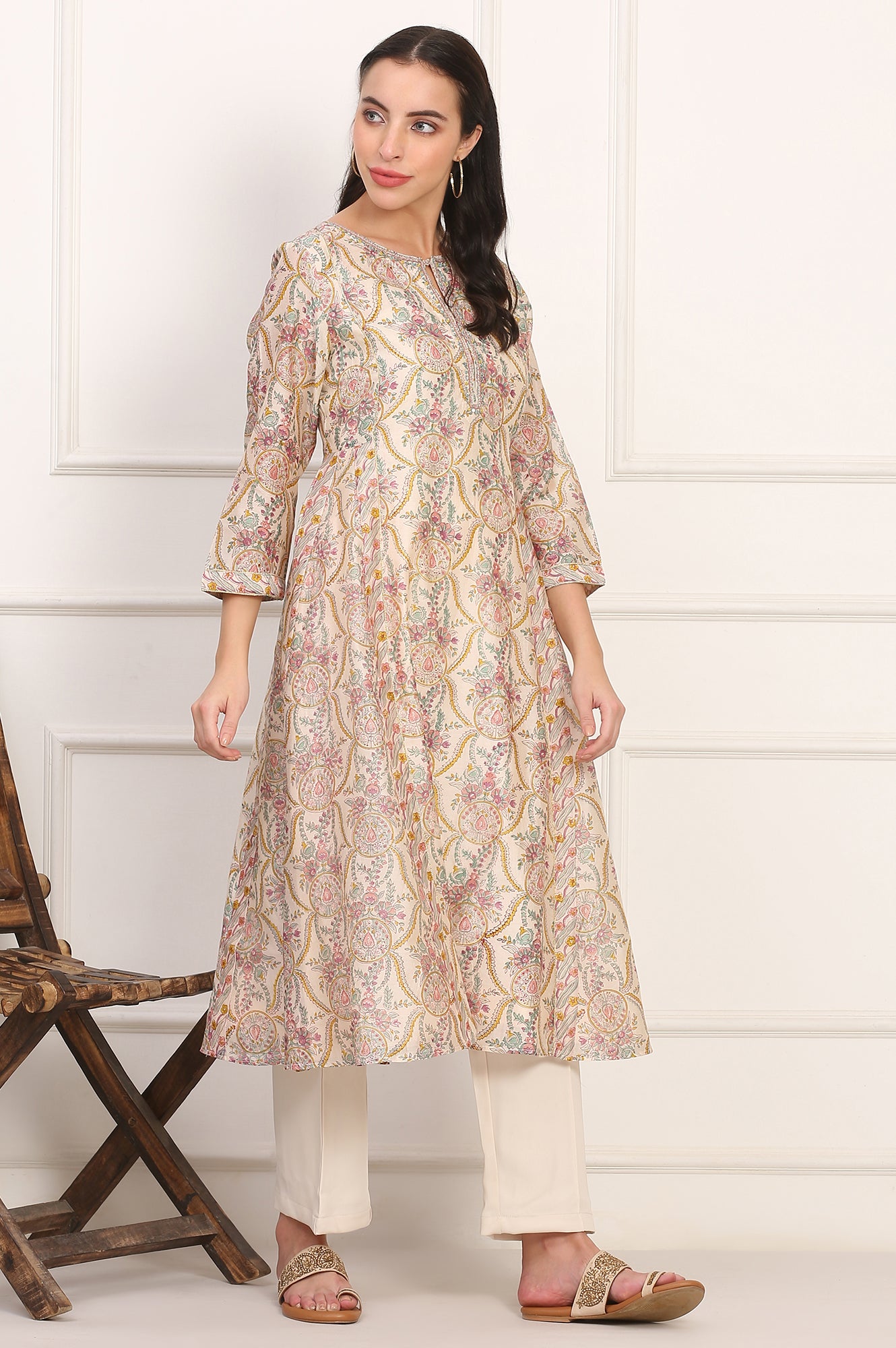 Cream Hand Block Floral Printed Metallic Embroidery Cotton Silk Kurta