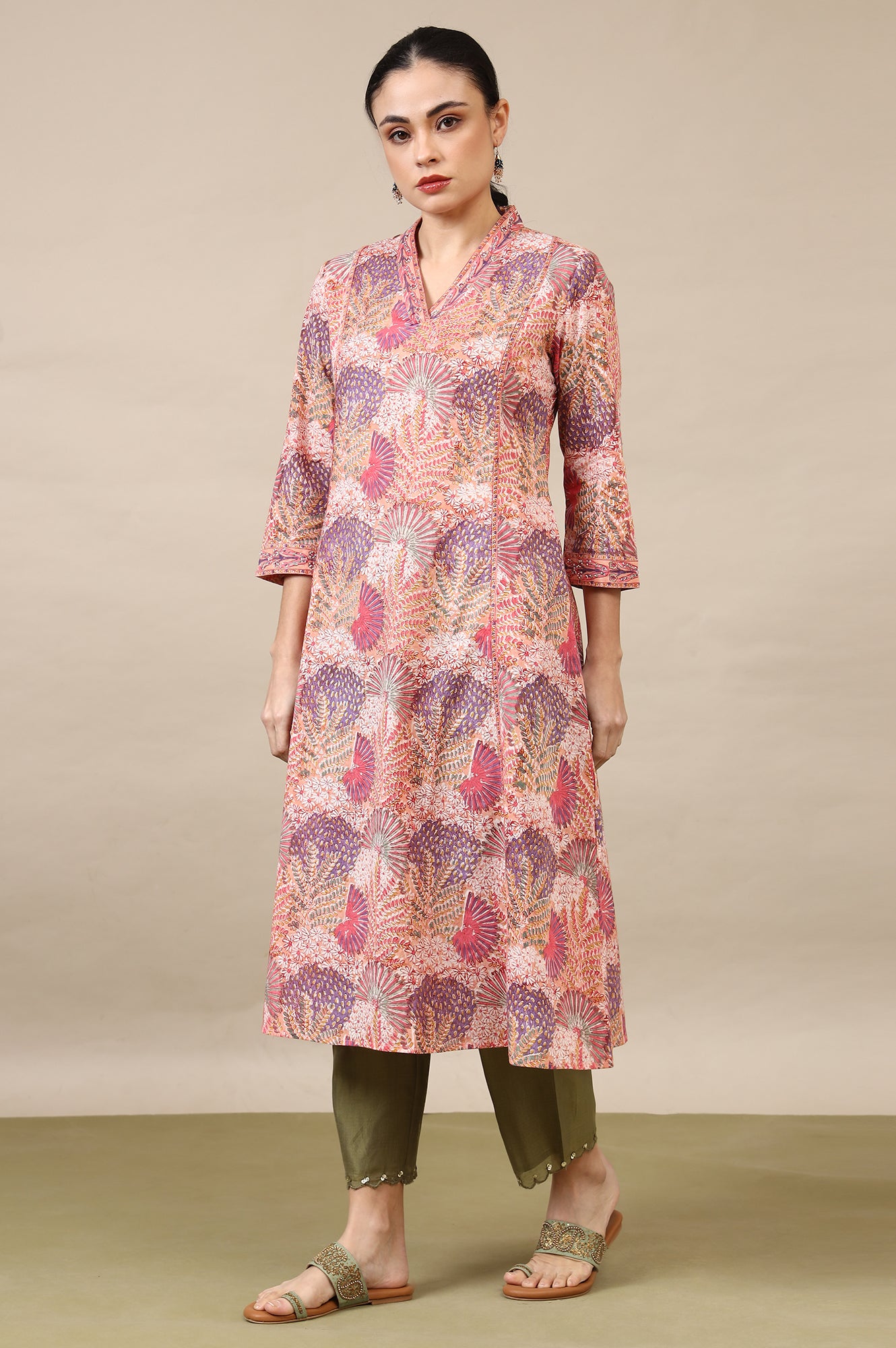 Light Pink Handblock Printed Flared Kurta