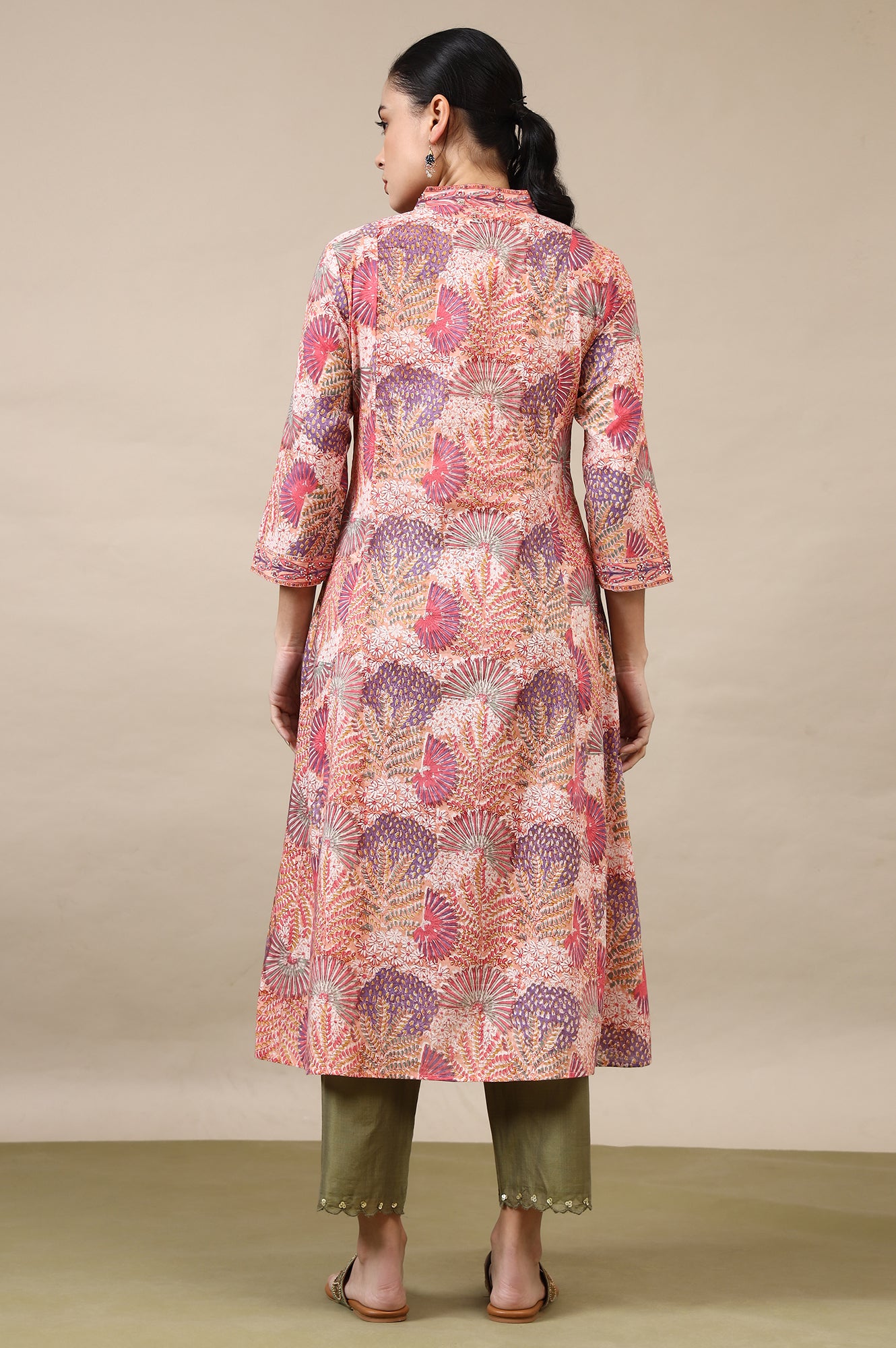 Light Pink Handblock Printed Flared Kurta