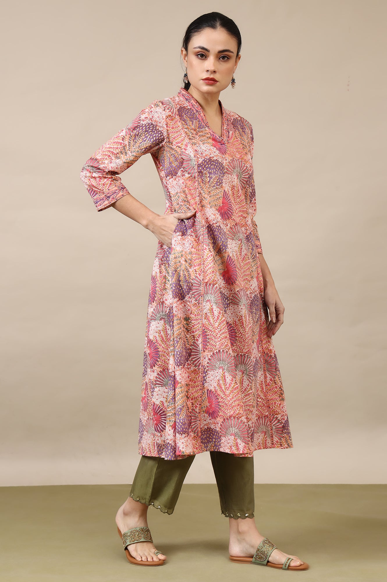 Light Pink Handblock Printed Flared Kurta