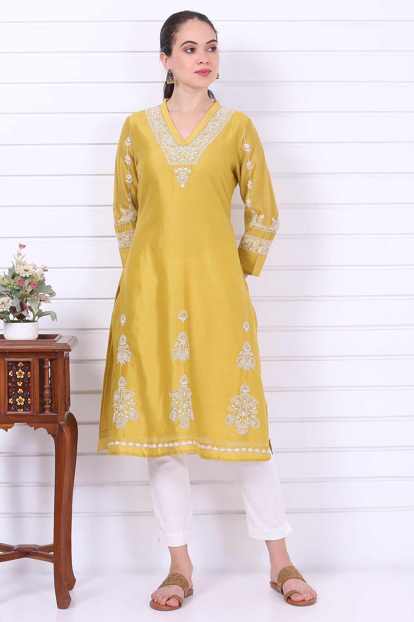 Yellow Chikankari Embroidered Cotton Silk Straight Kurta